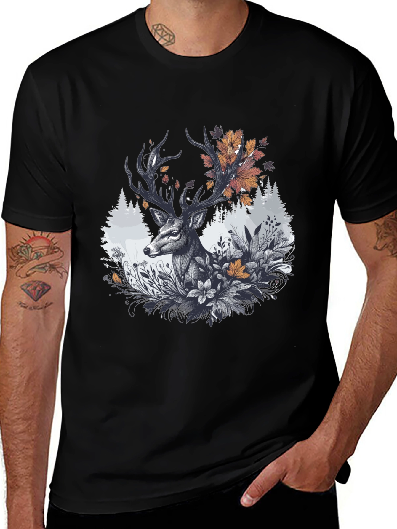 Deer Floral Graphic Tee - Black