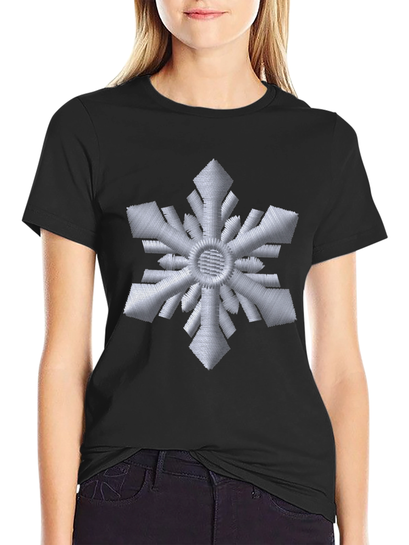 Embroidered Snowflake Black T-Shirt