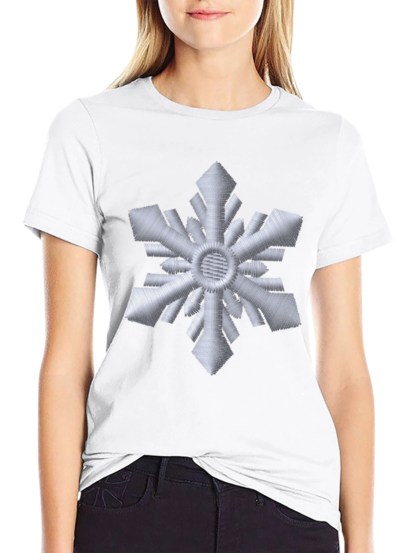 Embroidered Snowflake Black T-Shirt