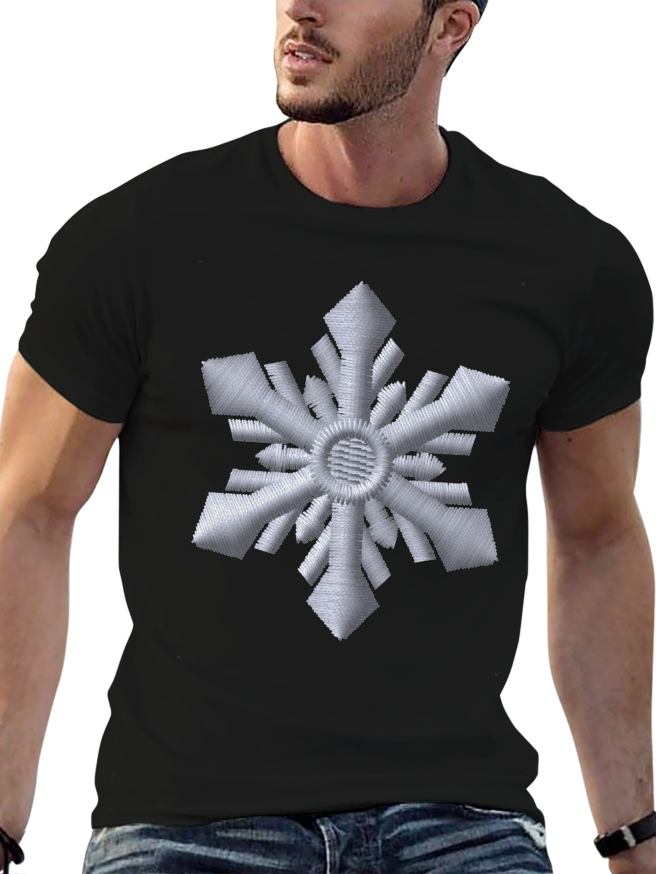 Embroidered Snowflake Black T-Shirt