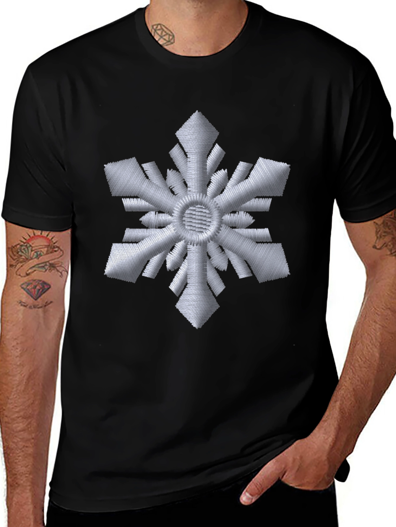 Embroidered Snowflake Black T-Shirt