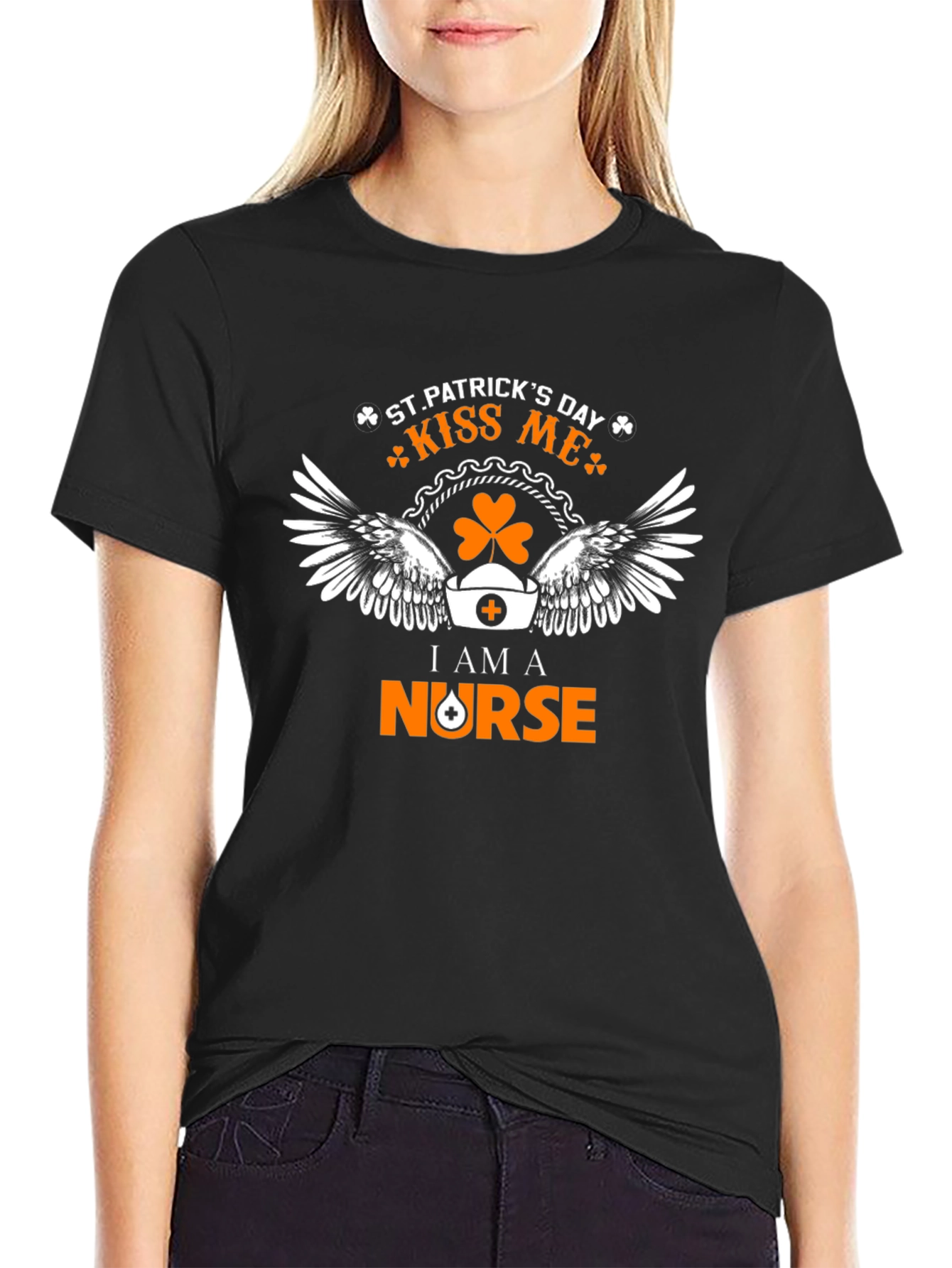 St. Patricks Day Nurse Kiss Me Black T-Shirt