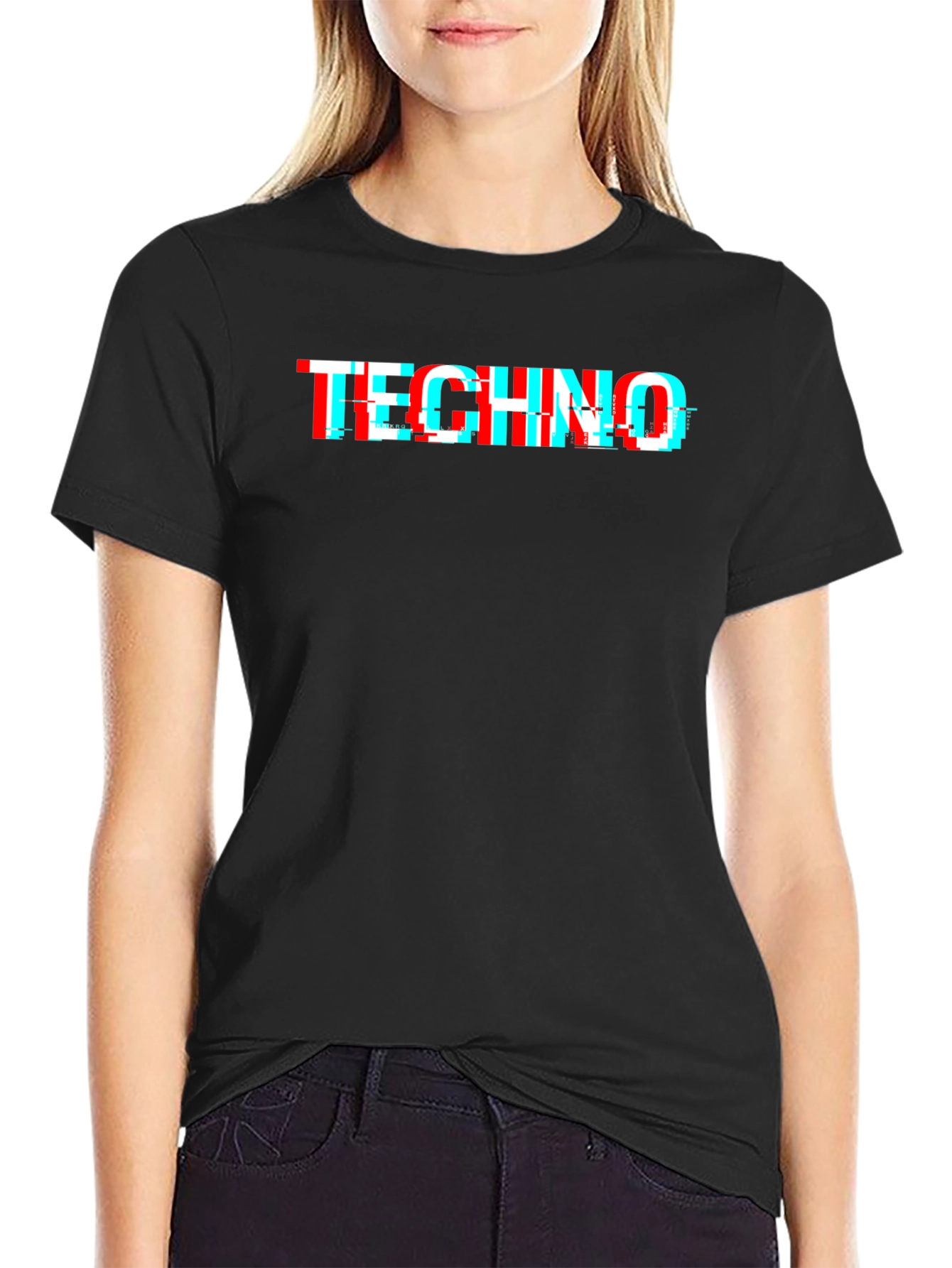 Techno Glitch Style Black T-Shirt