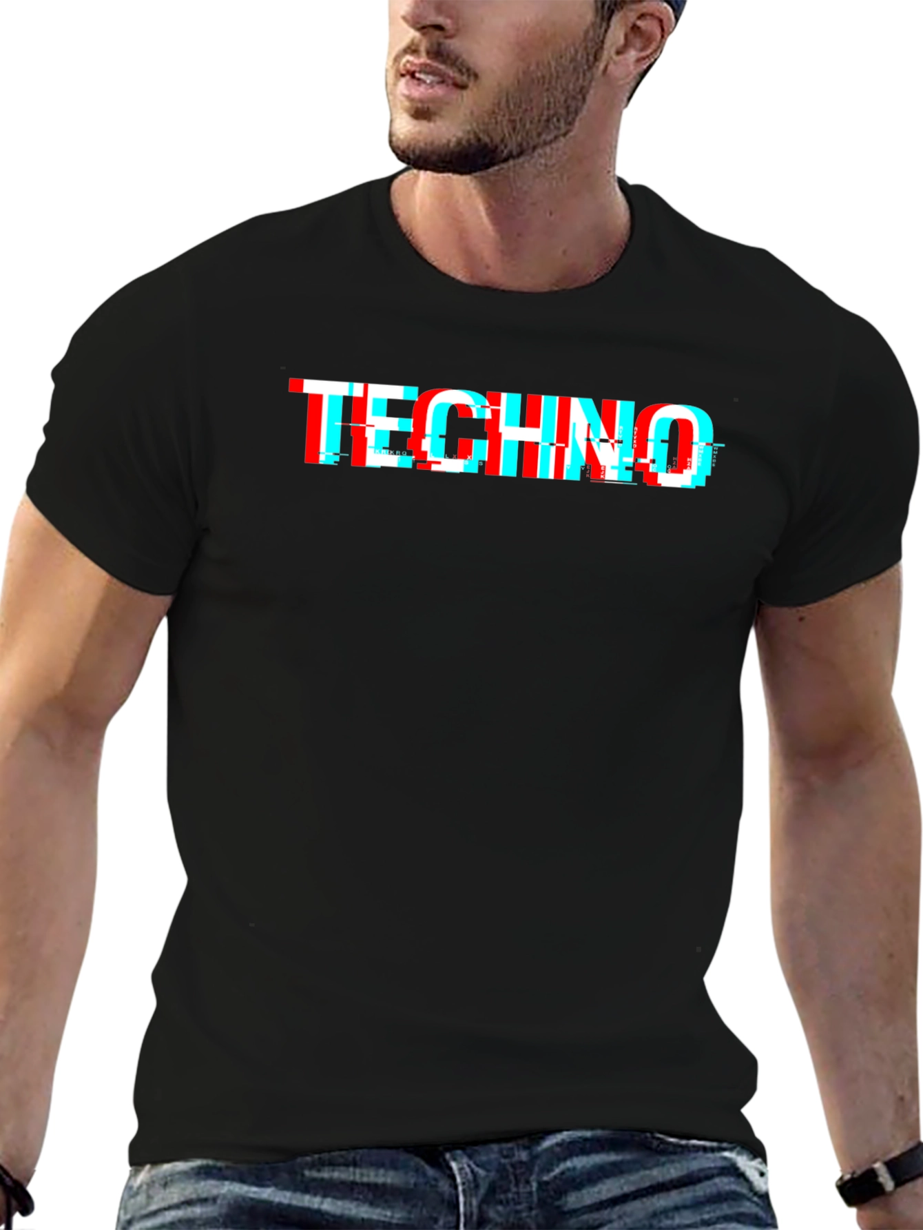 Techno Glitch Style Black T-Shirt