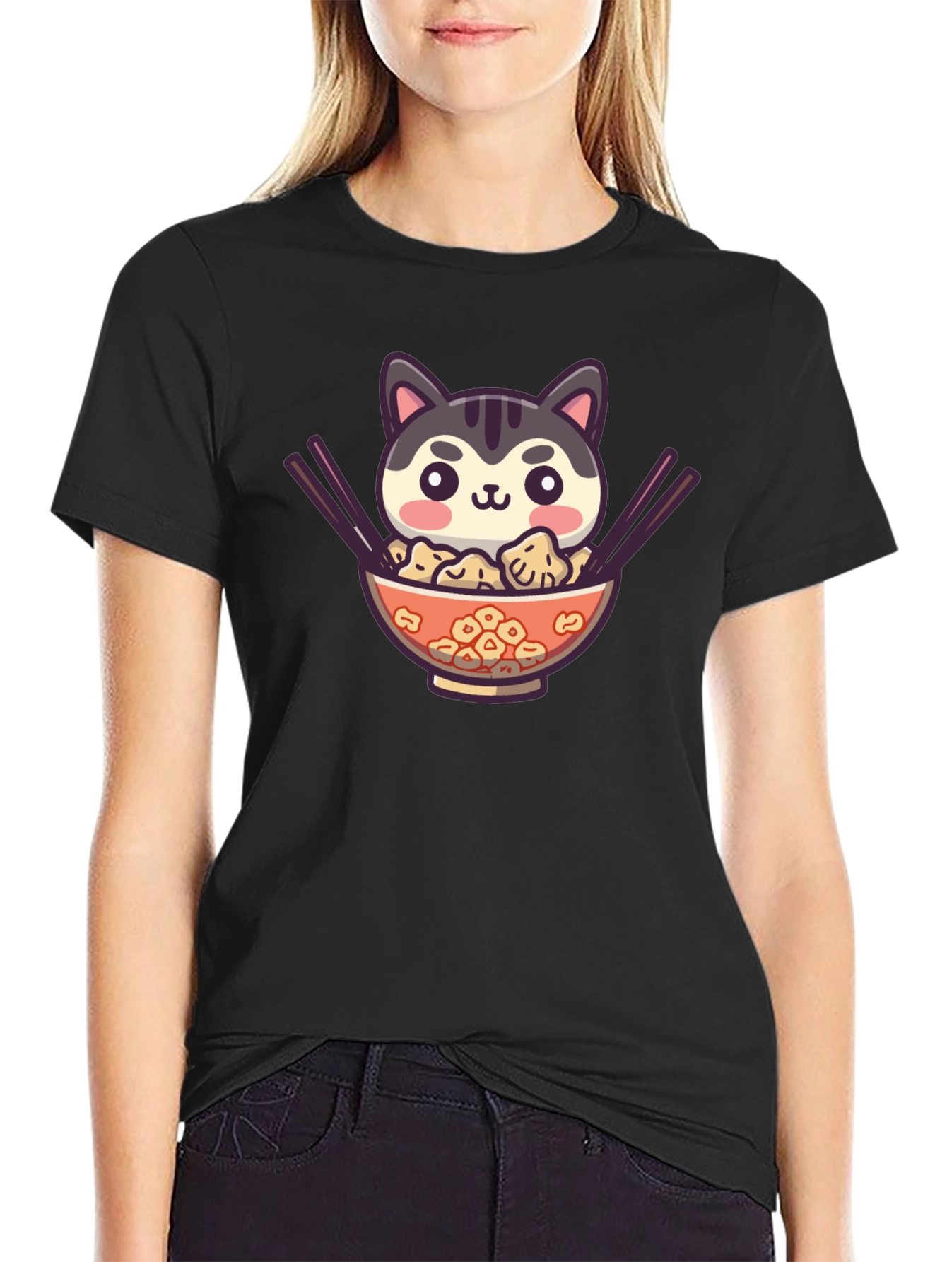 Cat Ramen Bowl Black T-Shirt