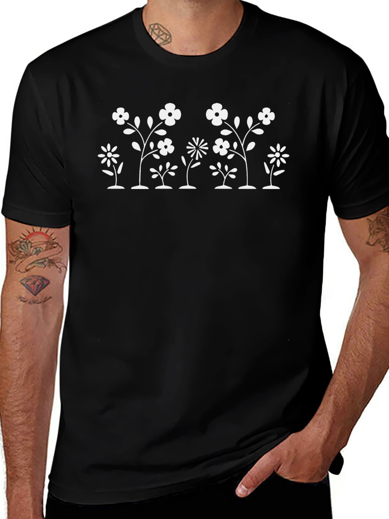 Floral Graphic Tee - Black Cotton T-Shirt