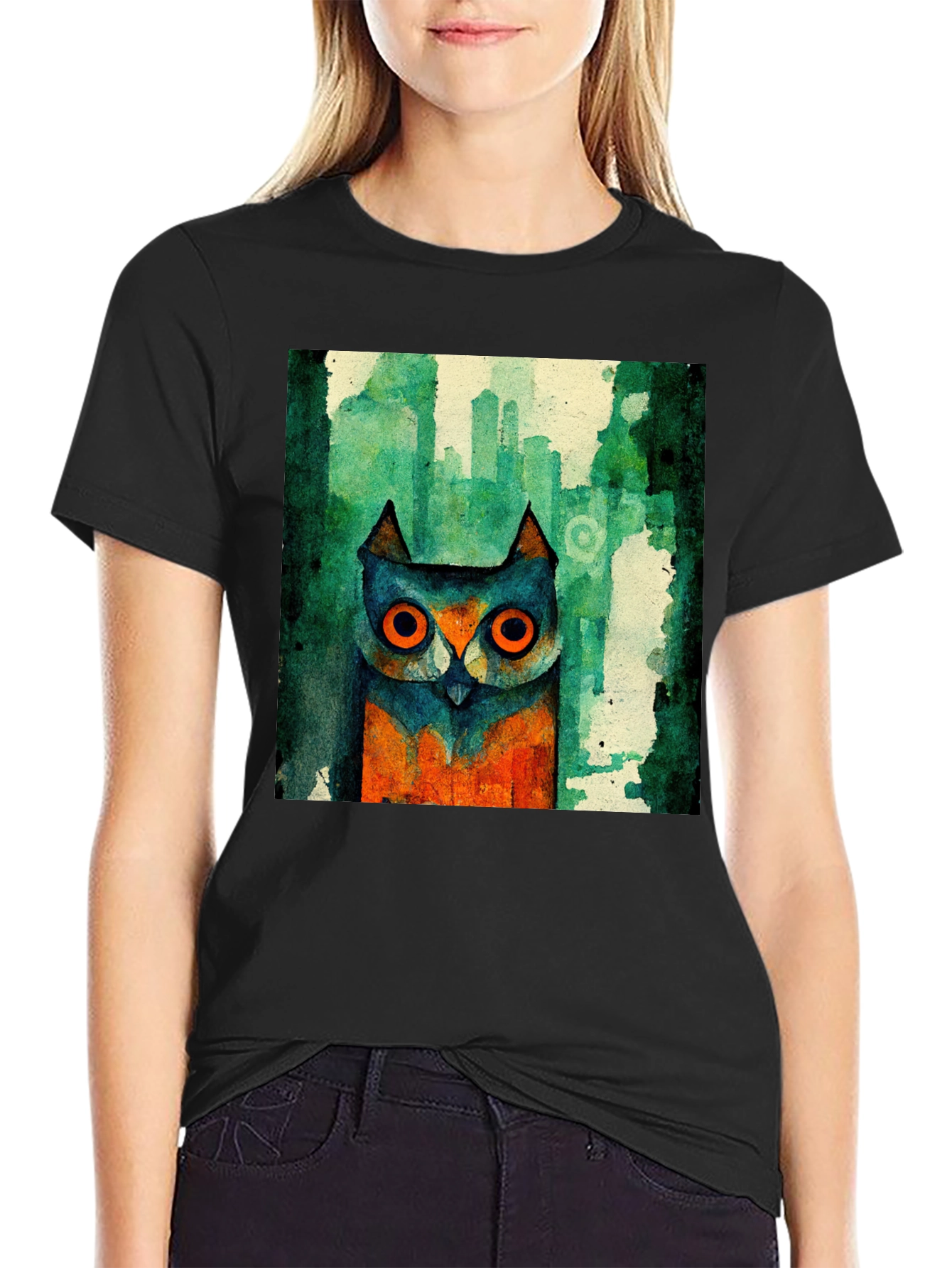 Abstract Owl Graphic Black T-Shirt