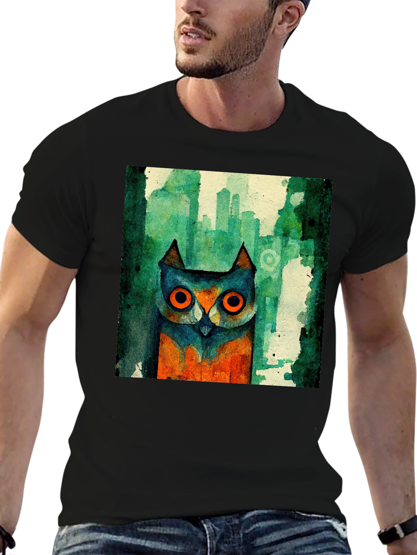 Abstract Owl Graphic Black T-Shirt