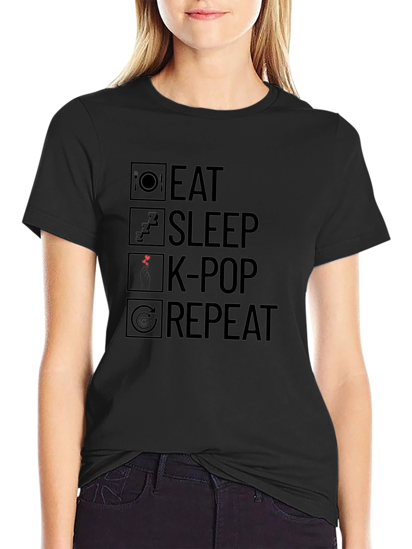 Eat Sleep K-Pop Repeat Black Graphic T-Shirt