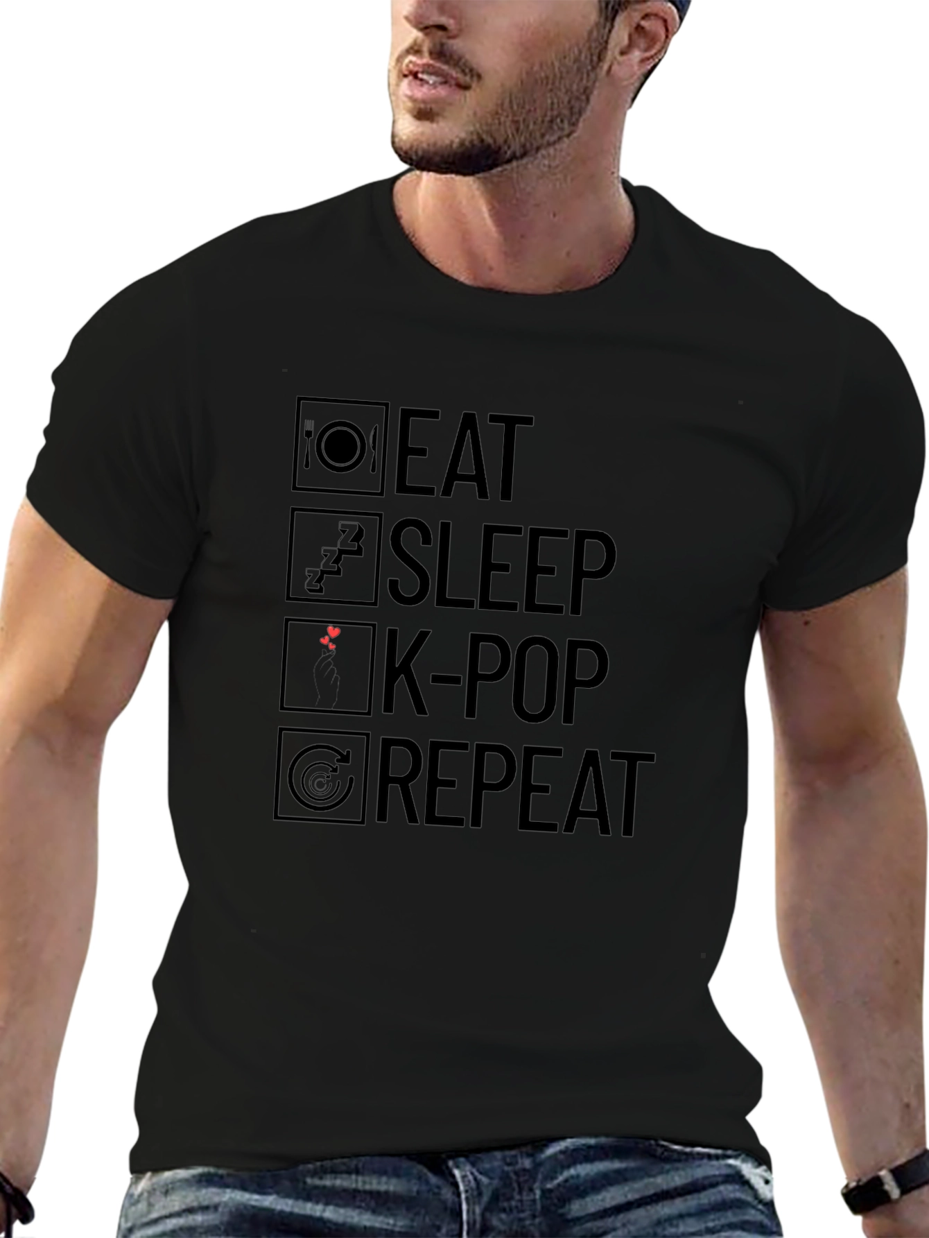 Eat Sleep K-Pop Repeat Black Graphic T-Shirt