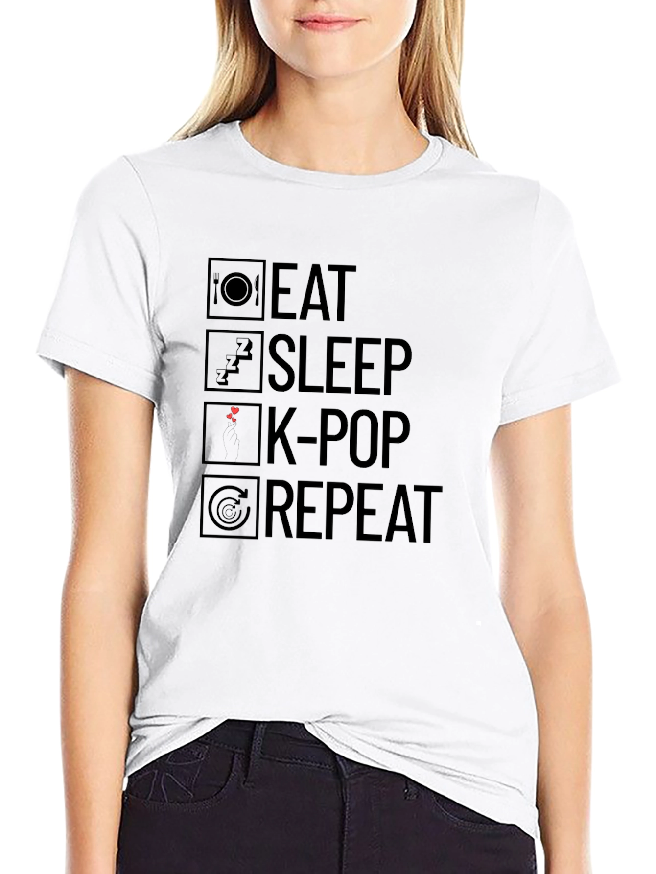 Eat Sleep K-Pop Repeat Black Graphic T-Shirt