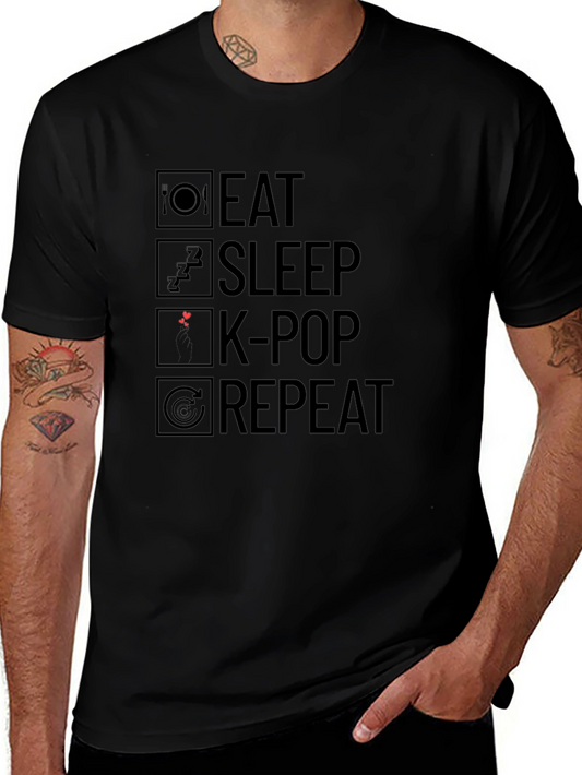 Eat Sleep K-Pop Repeat Black Graphic T-Shirt