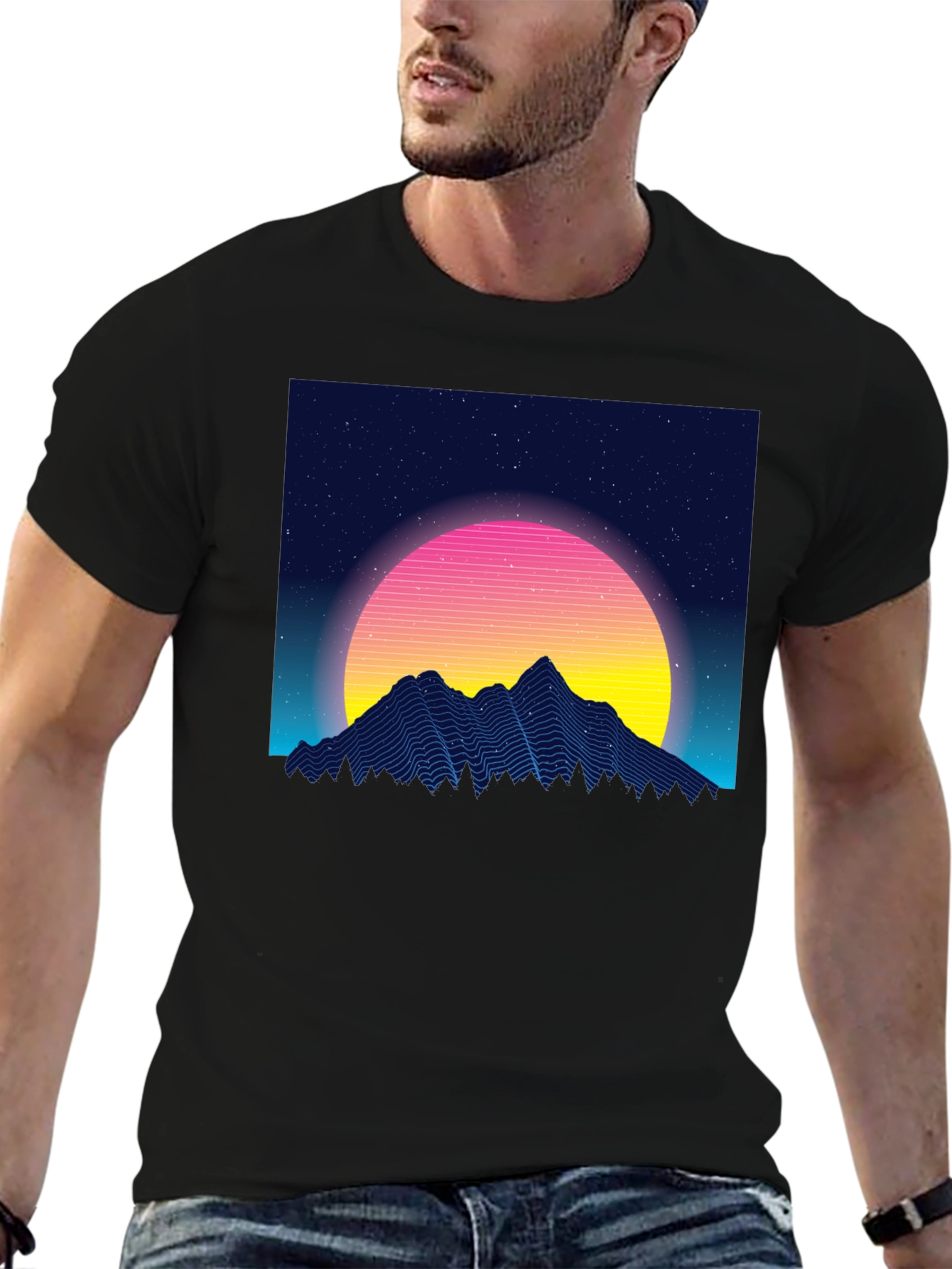 Retro Sunset Mountain Black T-Shirt
