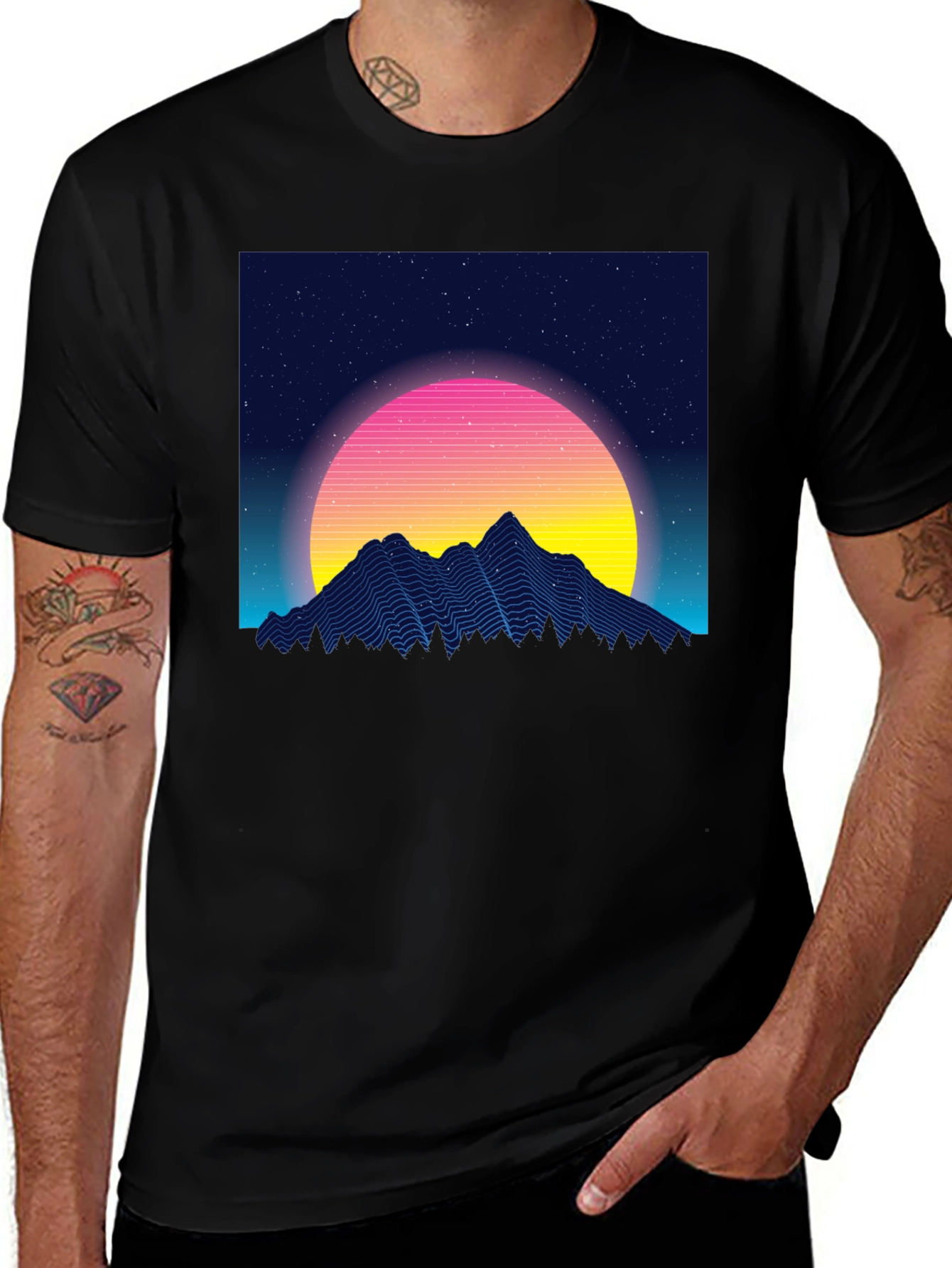 Retro Sunset Mountain Black T-Shirt