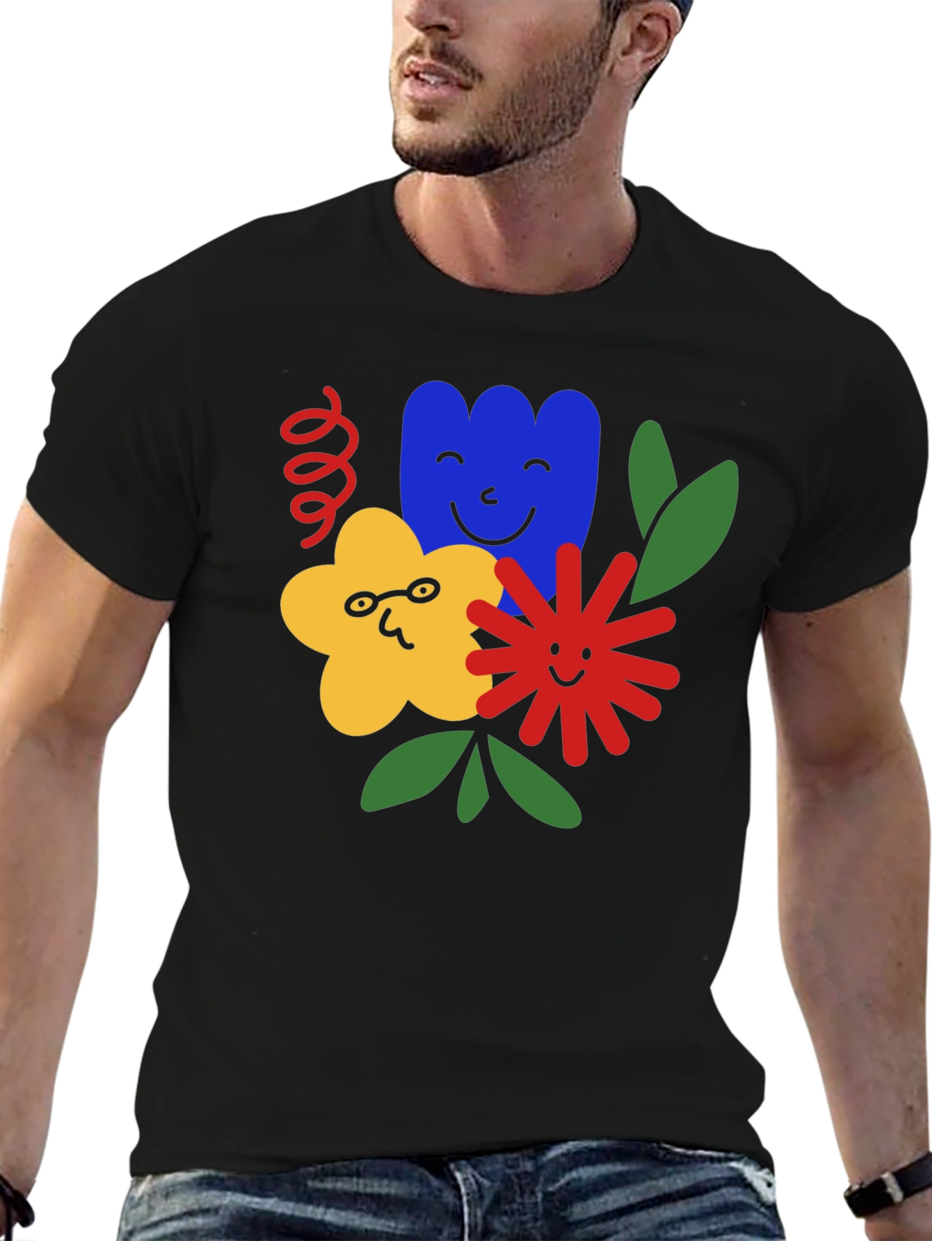 Funky Floral Graphic Tee - Black Cotton T-Shirt