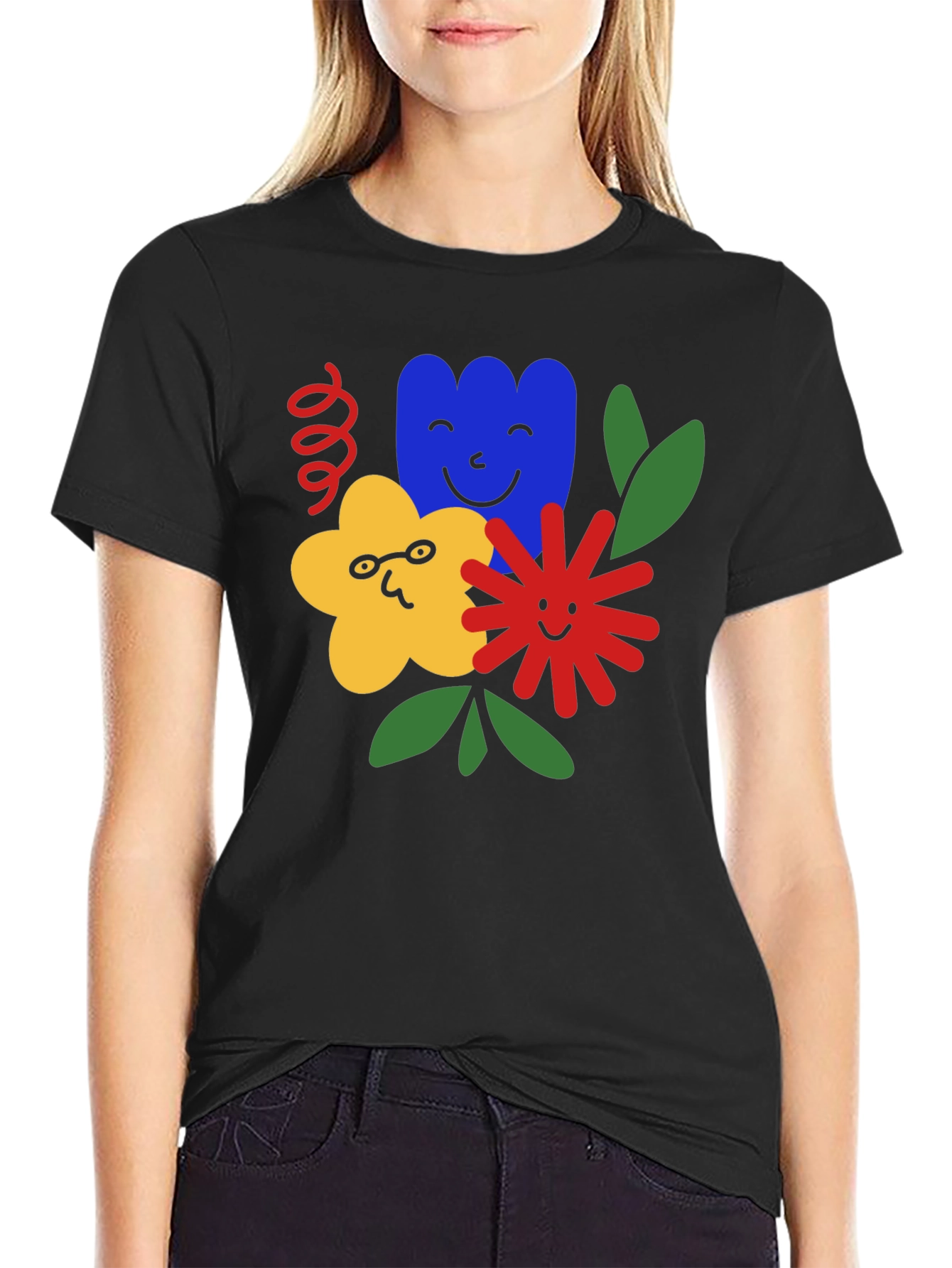 Funky Floral Graphic Tee - Black Cotton T-Shirt