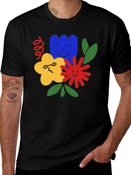 Funky Floral Graphic Tee - Black Cotton T-Shirt