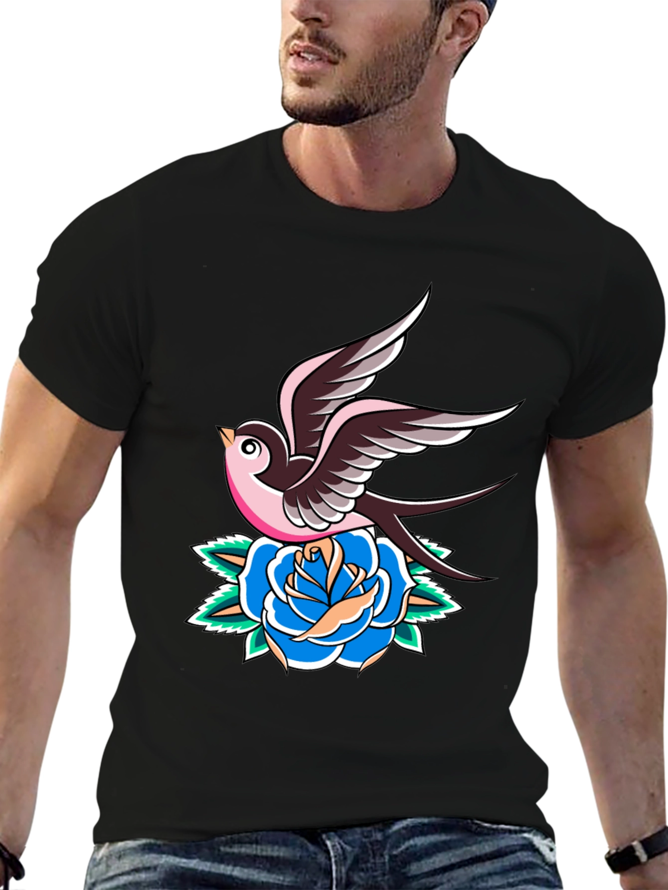 Swallow and Rose Graphic Black T-Shirt