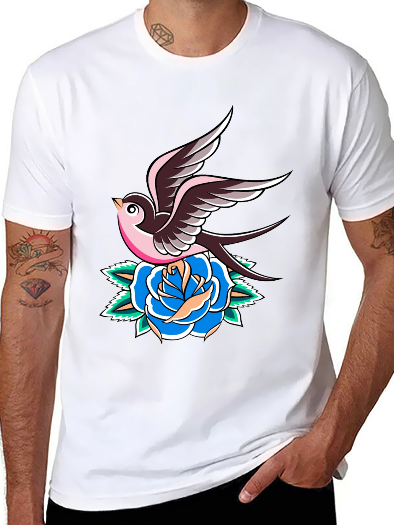 Swallow and Rose Graphic Black T-Shirt