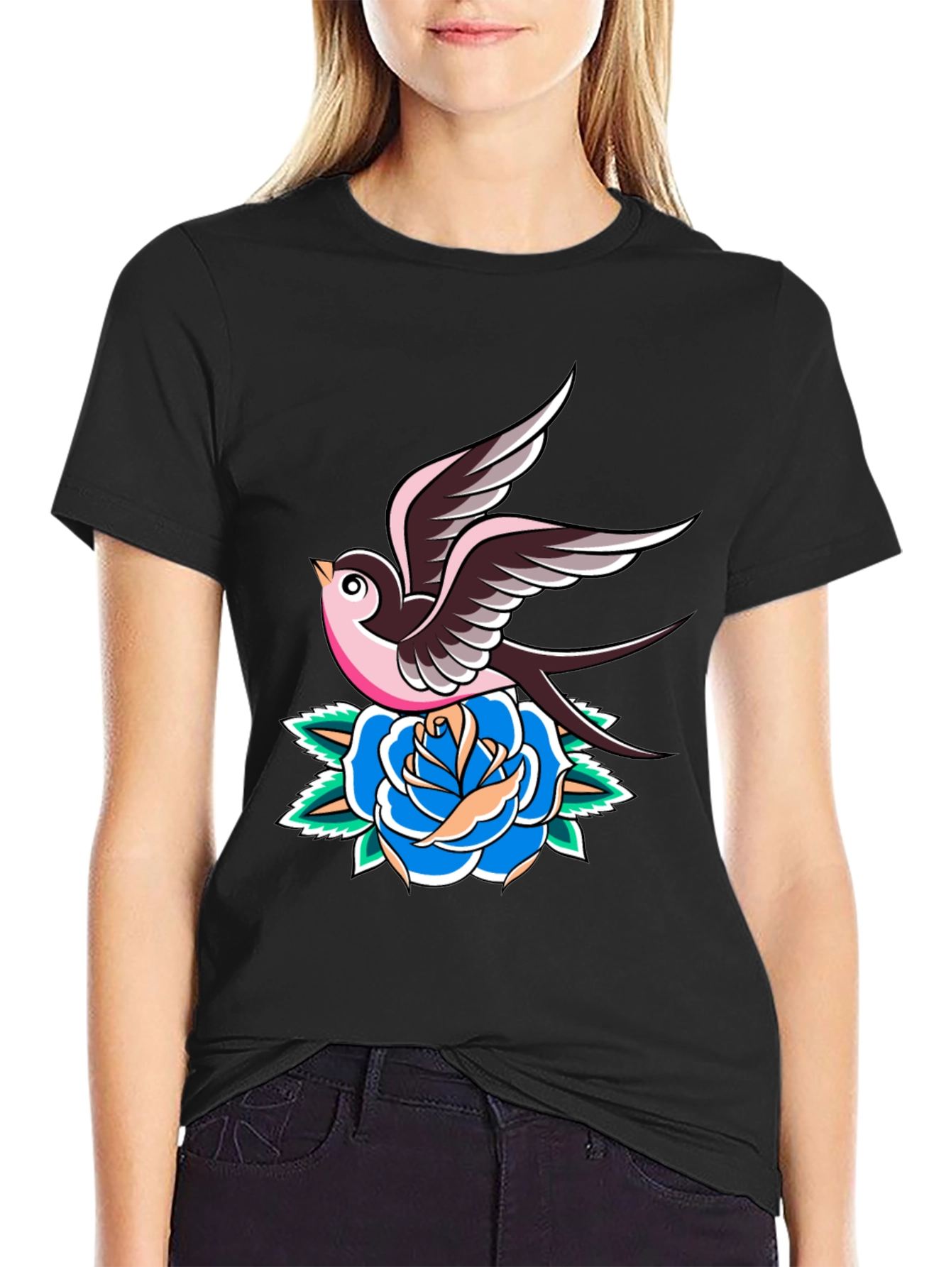 Swallow and Rose Graphic Black T-Shirt