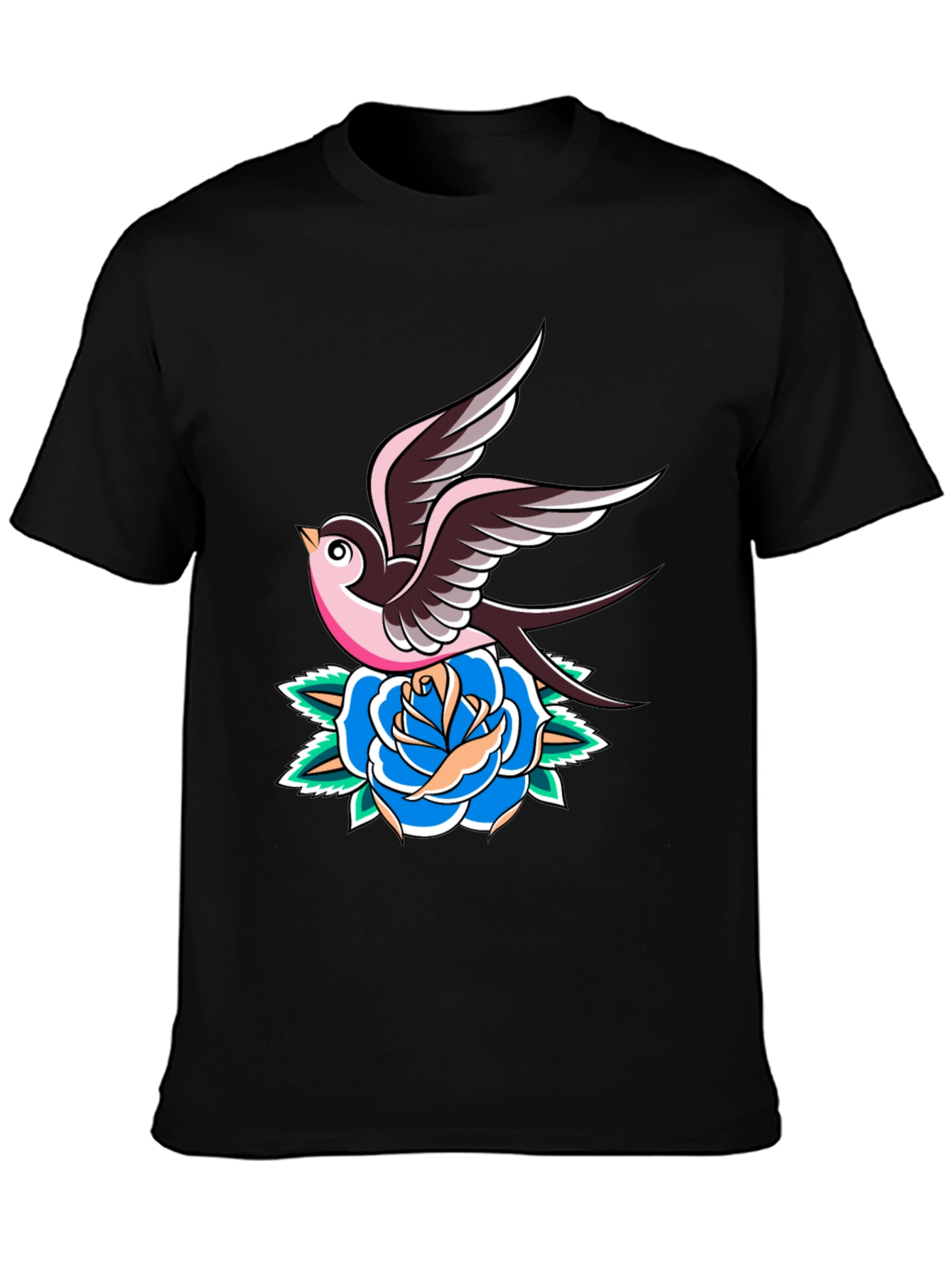 Swallow and Rose Graphic Black T-Shirt