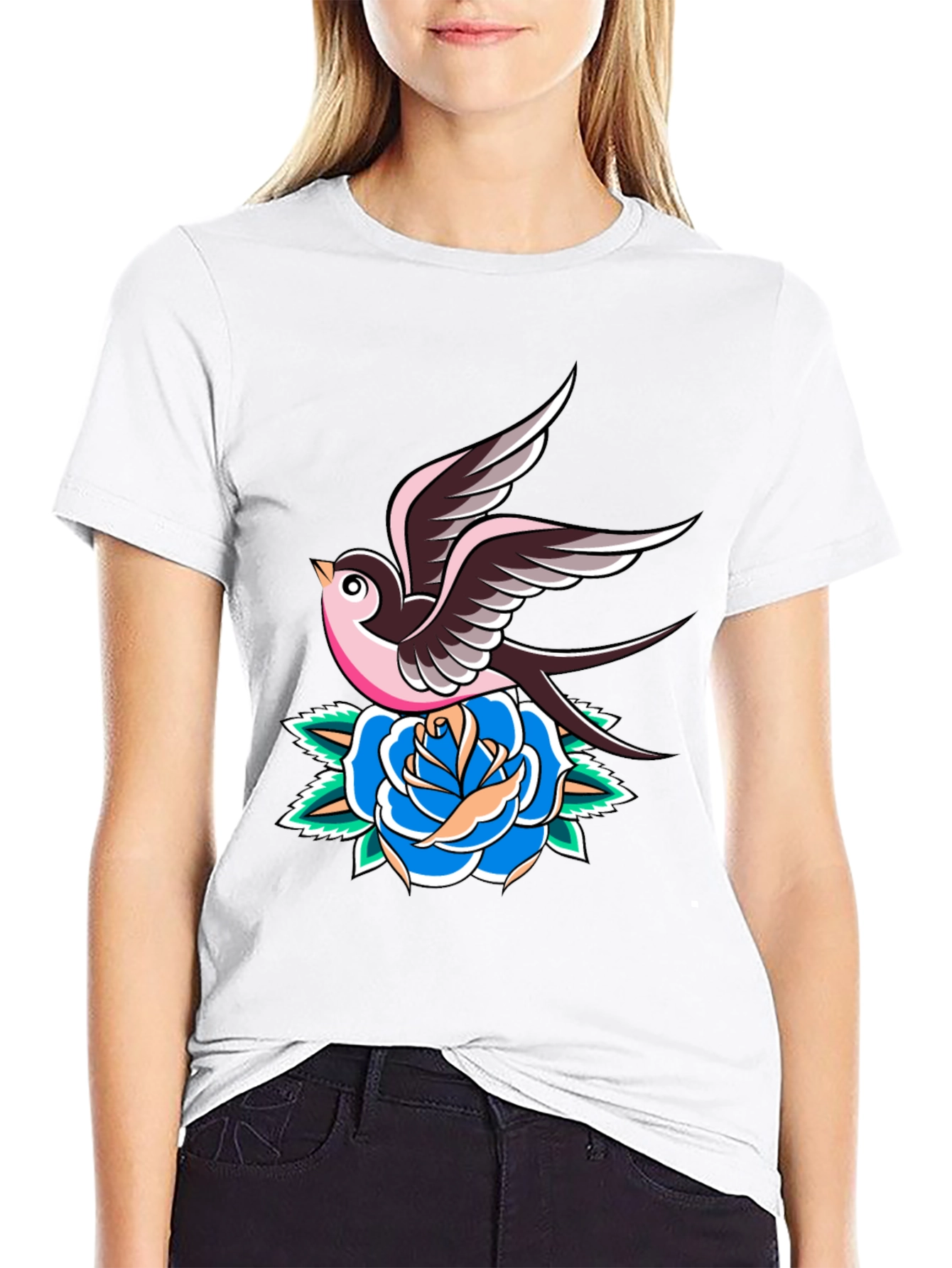 Swallow and Rose Graphic Black T-Shirt