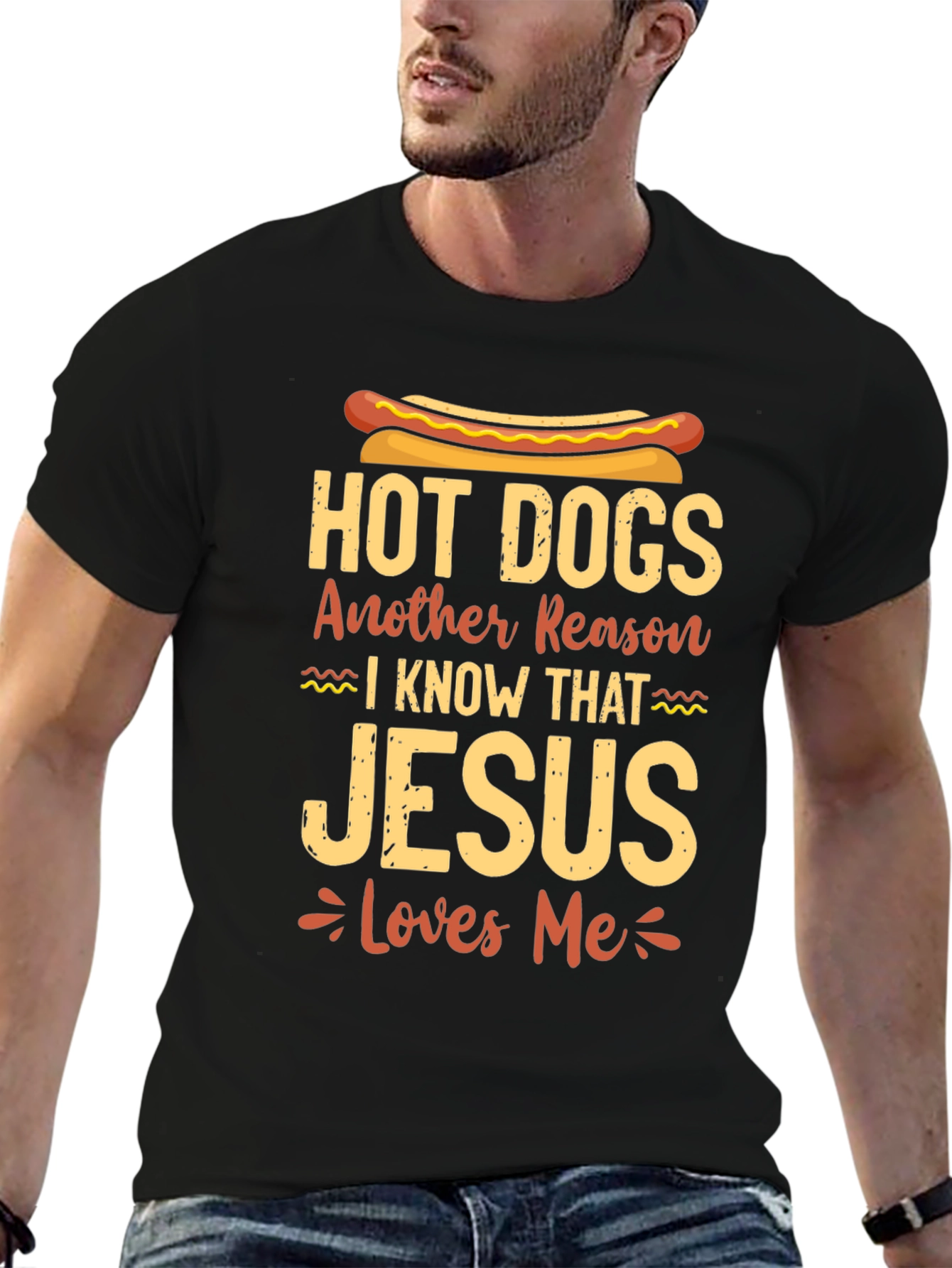 Hot Dogs Jesus Loves Me Black T-Shirt