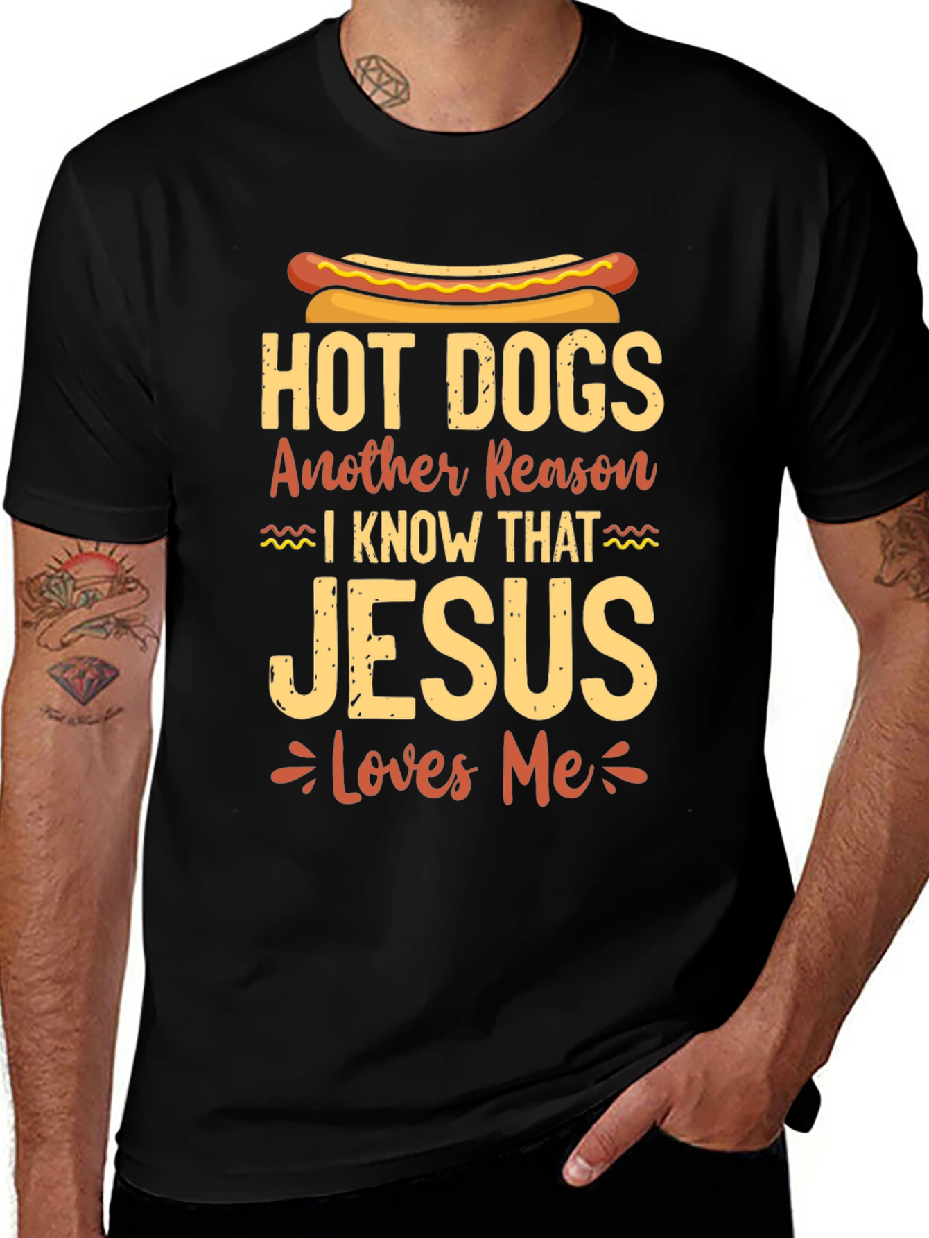 Hot Dogs Jesus Loves Me Black T-Shirt
