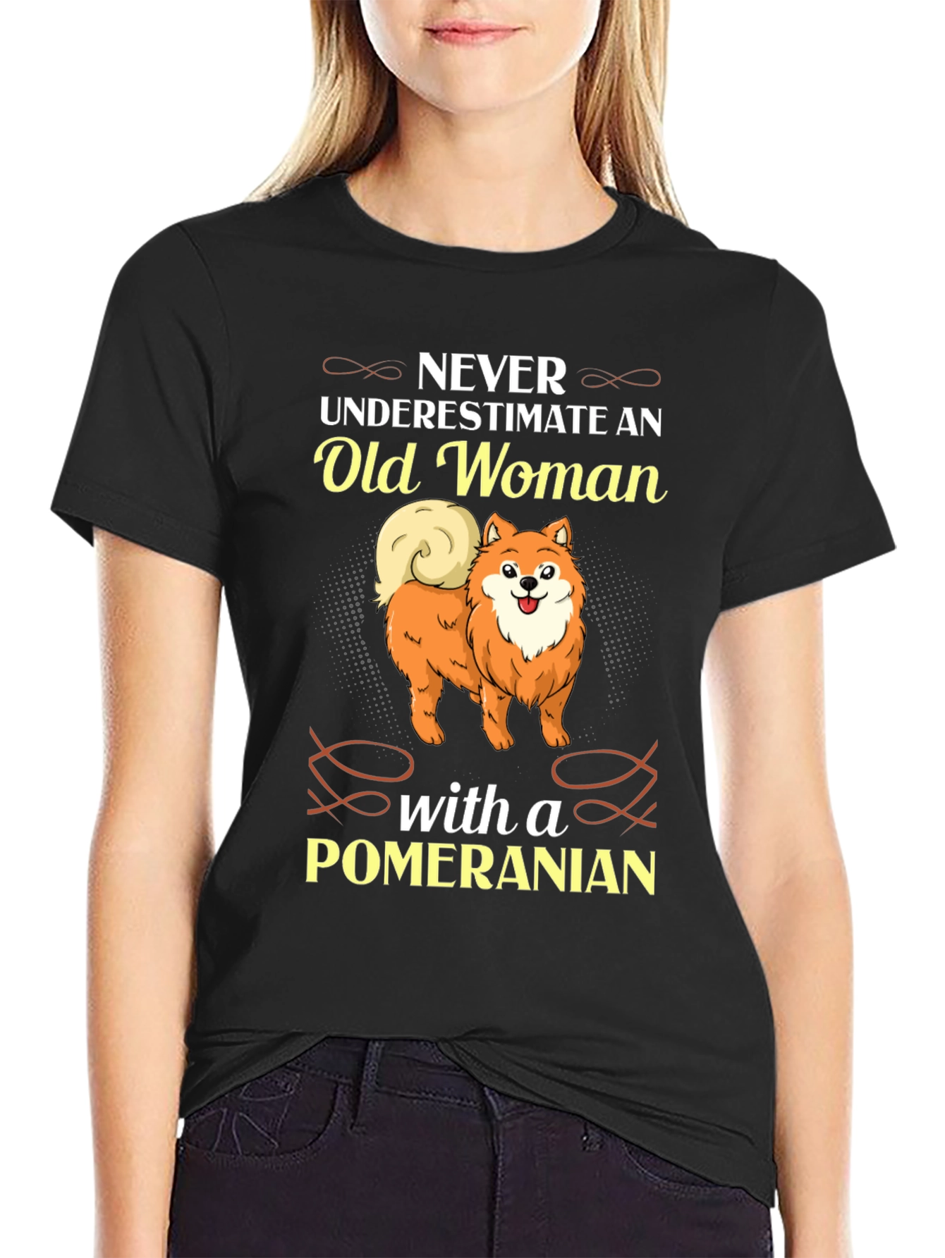 Never Underestimate Old Woman with Pomeranian Black T-Shirt
