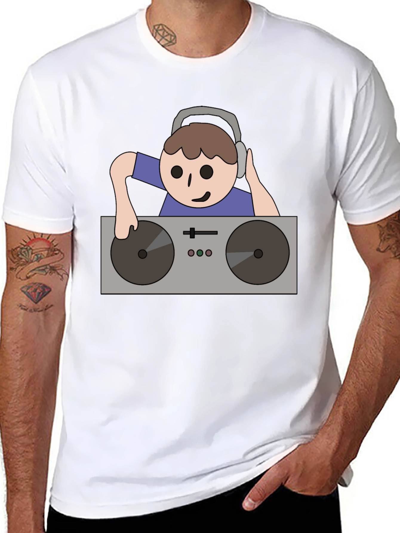 DJ Turntable Cartoon Graphic Tee - Black