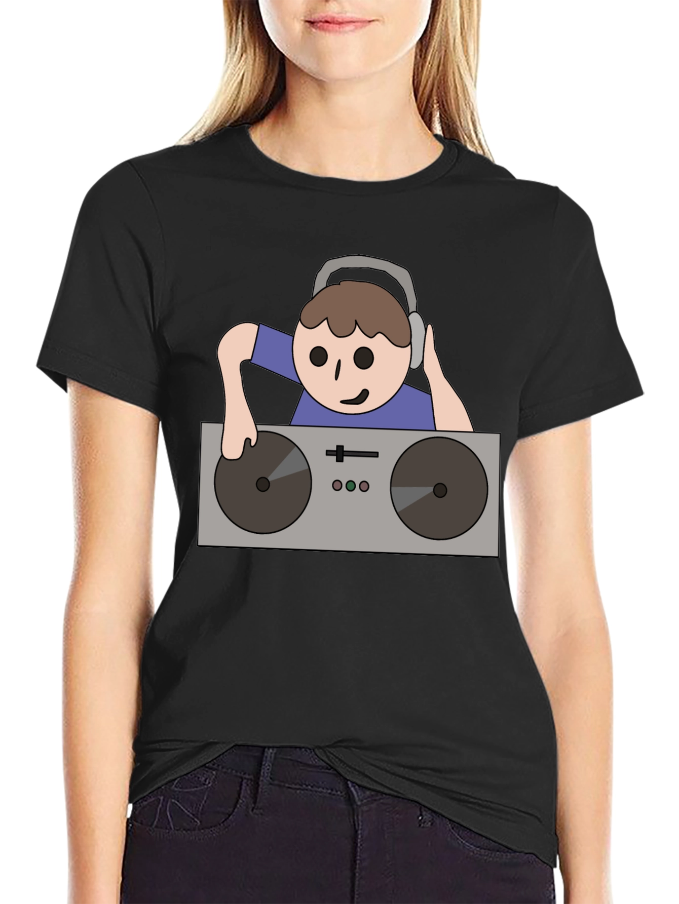 DJ Turntable Cartoon Graphic Tee - Black
