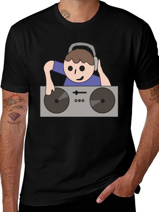 DJ Turntable Cartoon Graphic Tee - Black