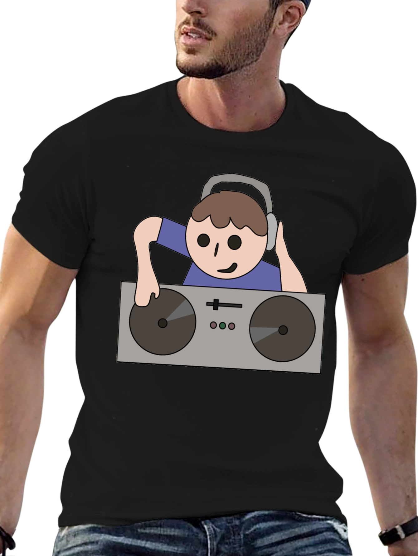 DJ Turntable Cartoon Graphic Tee - Black