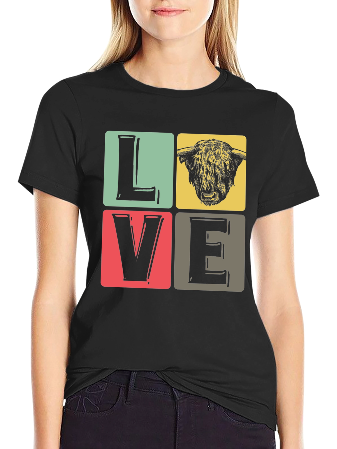 LOVE Highland Cow Graphic Tee - Black