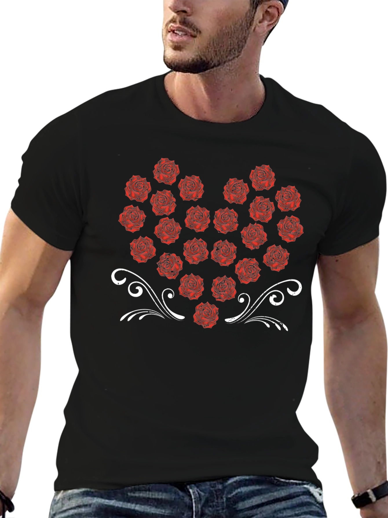 Rose Heart Graphic Tee - Black Cotton T-Shirt