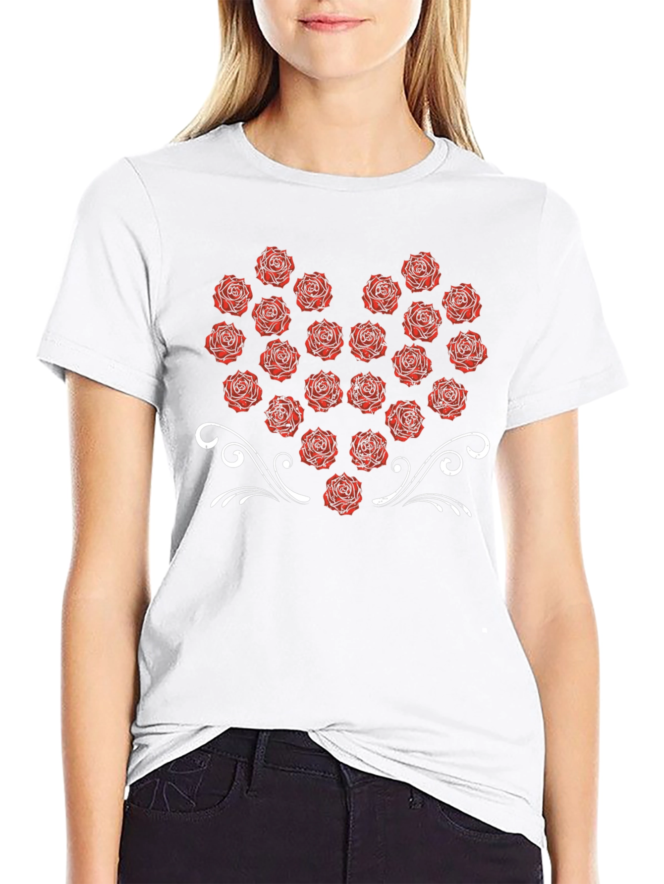 Rose Heart Graphic Tee - Black Cotton T-Shirt