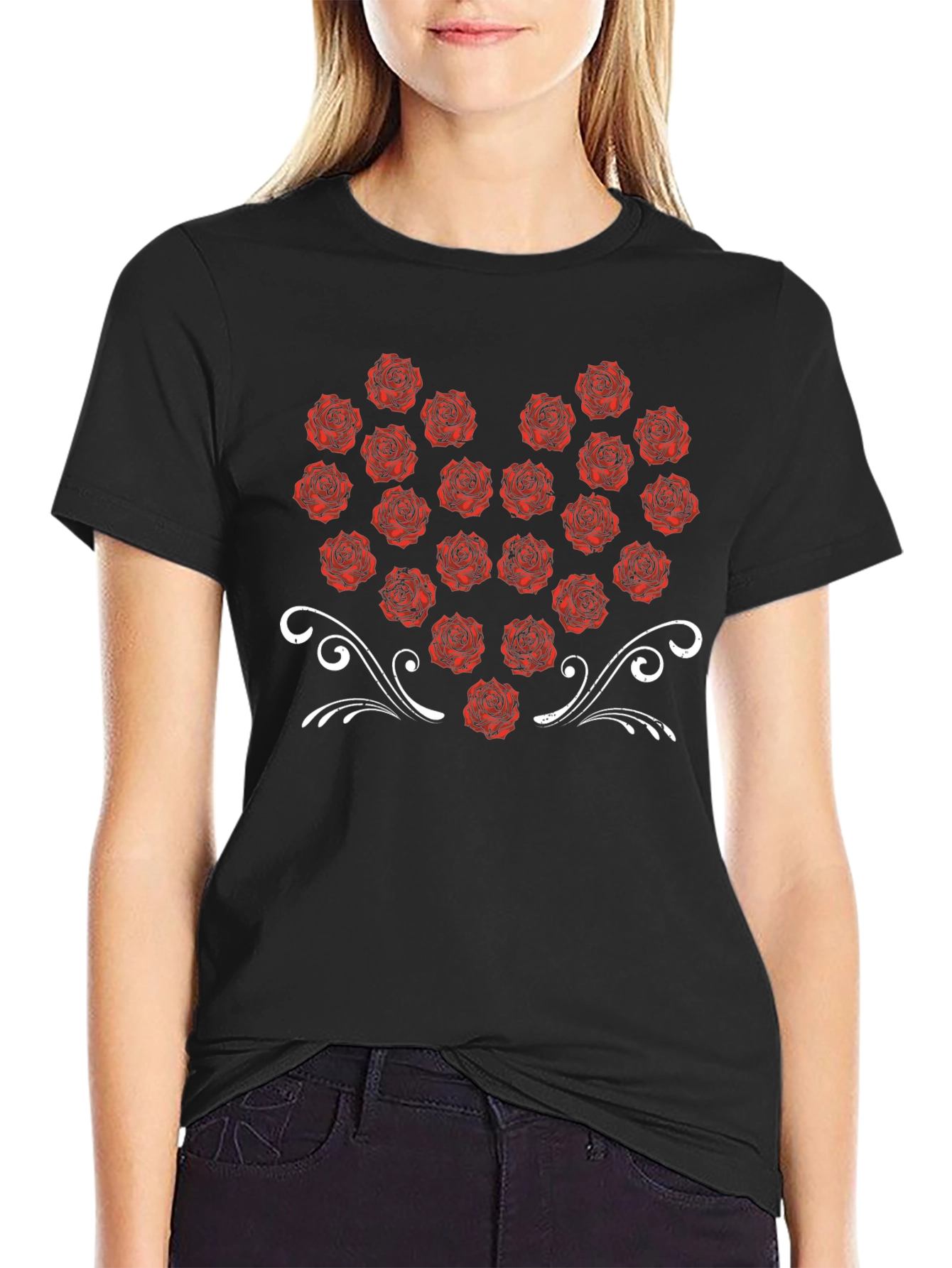 Rose Heart Graphic Tee - Black Cotton T-Shirt