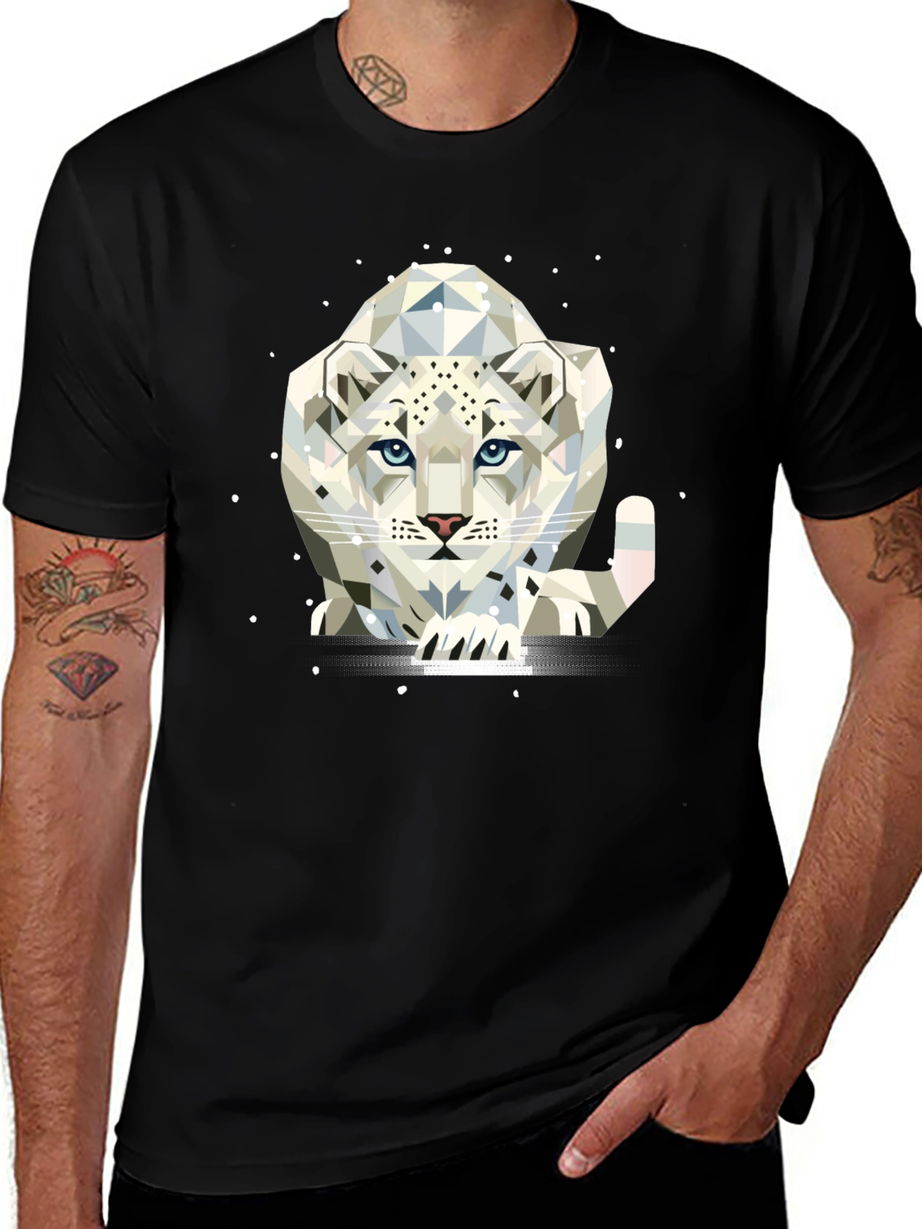 Geometric Snow Leopard Graphic Tee - Black T-Shirt
