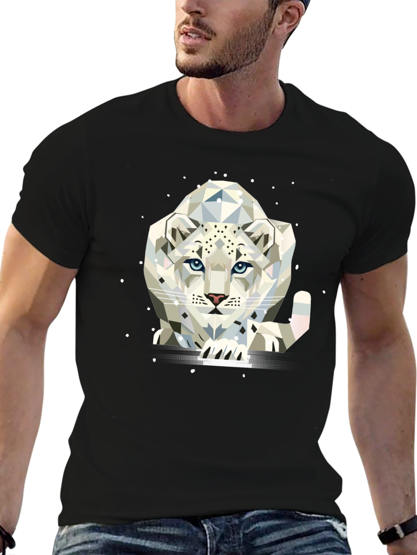 Geometric Snow Leopard Graphic Tee - Black T-Shirt