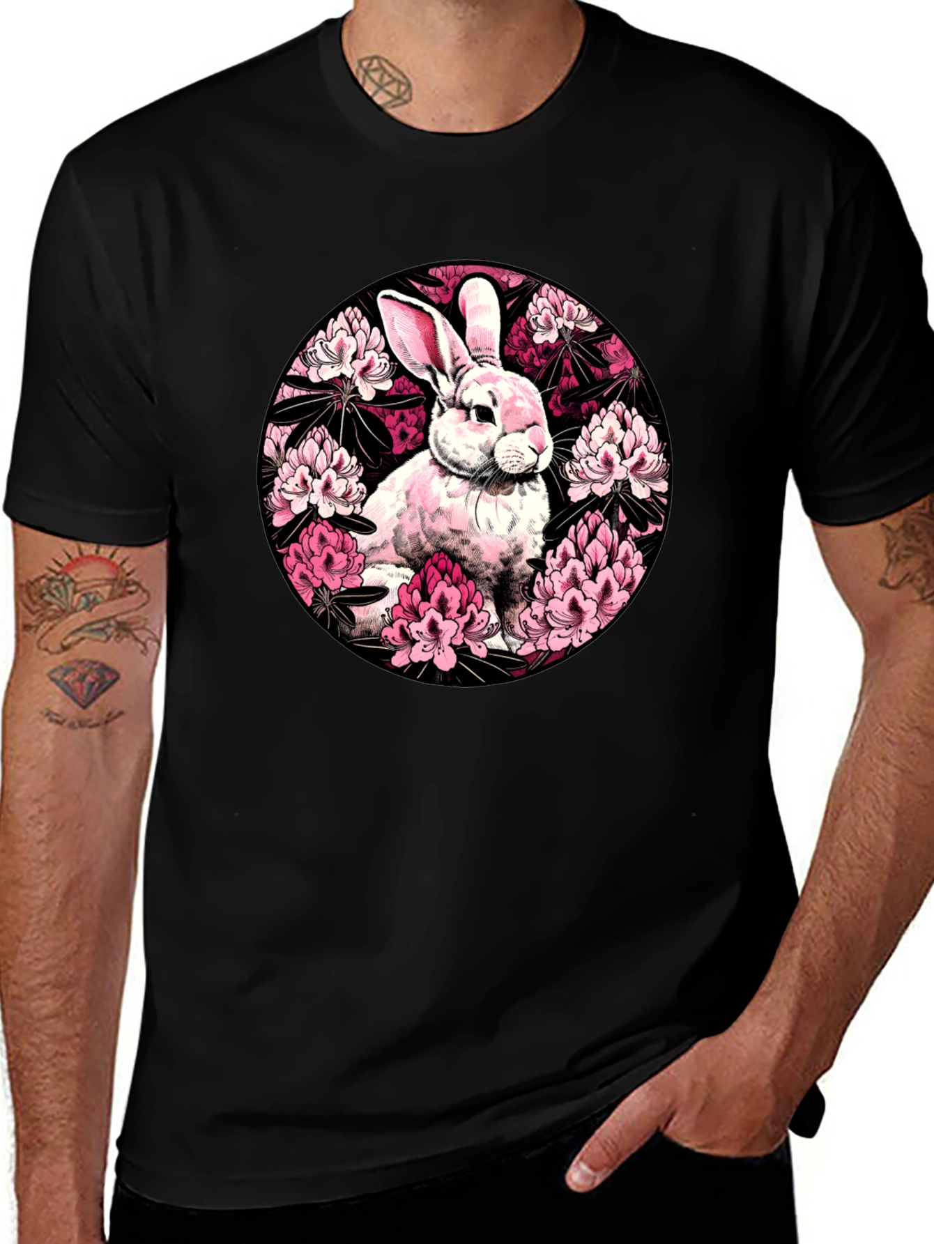 Rabbit Floral Print Black T-Shirt