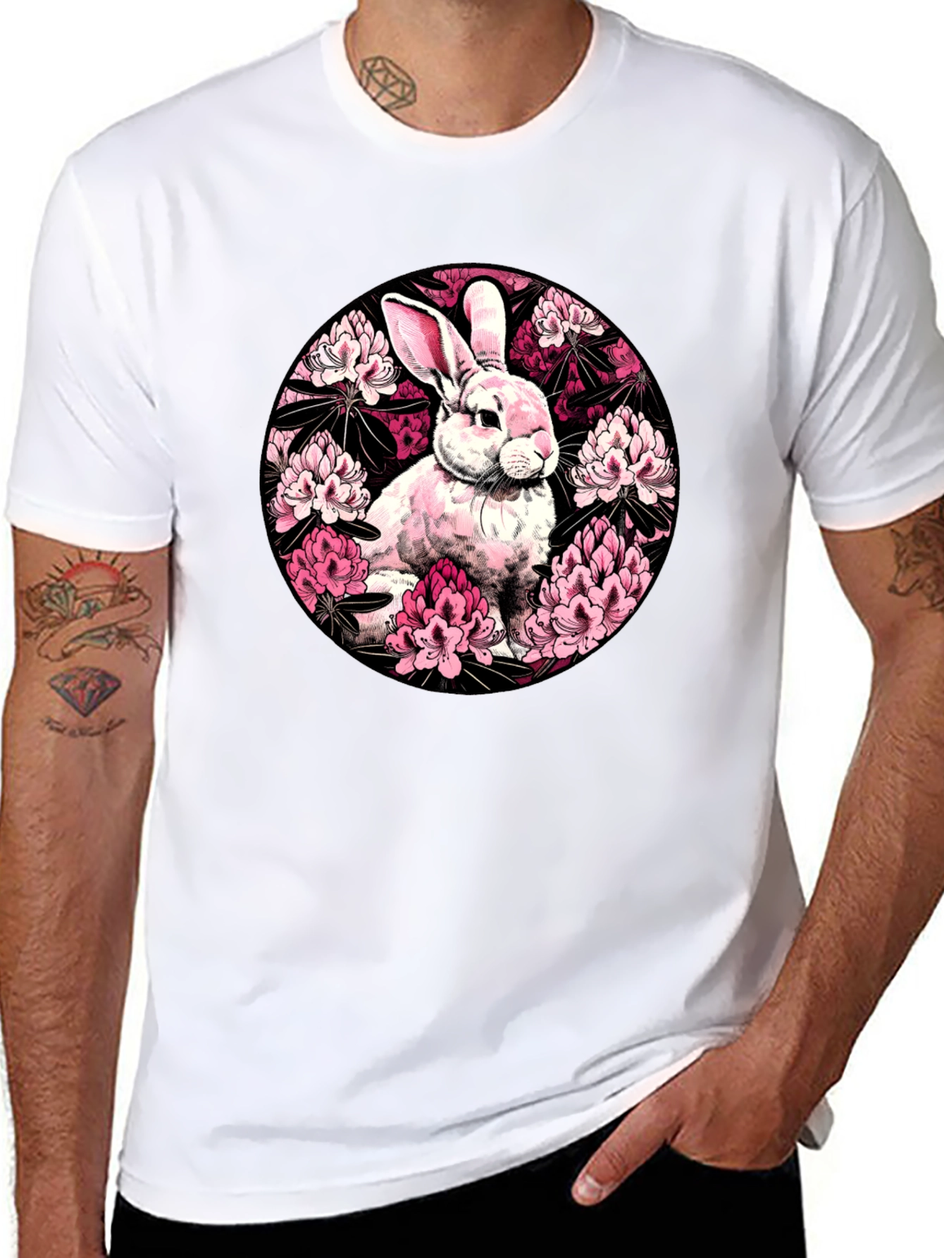 Rabbit Floral Print Black T-Shirt