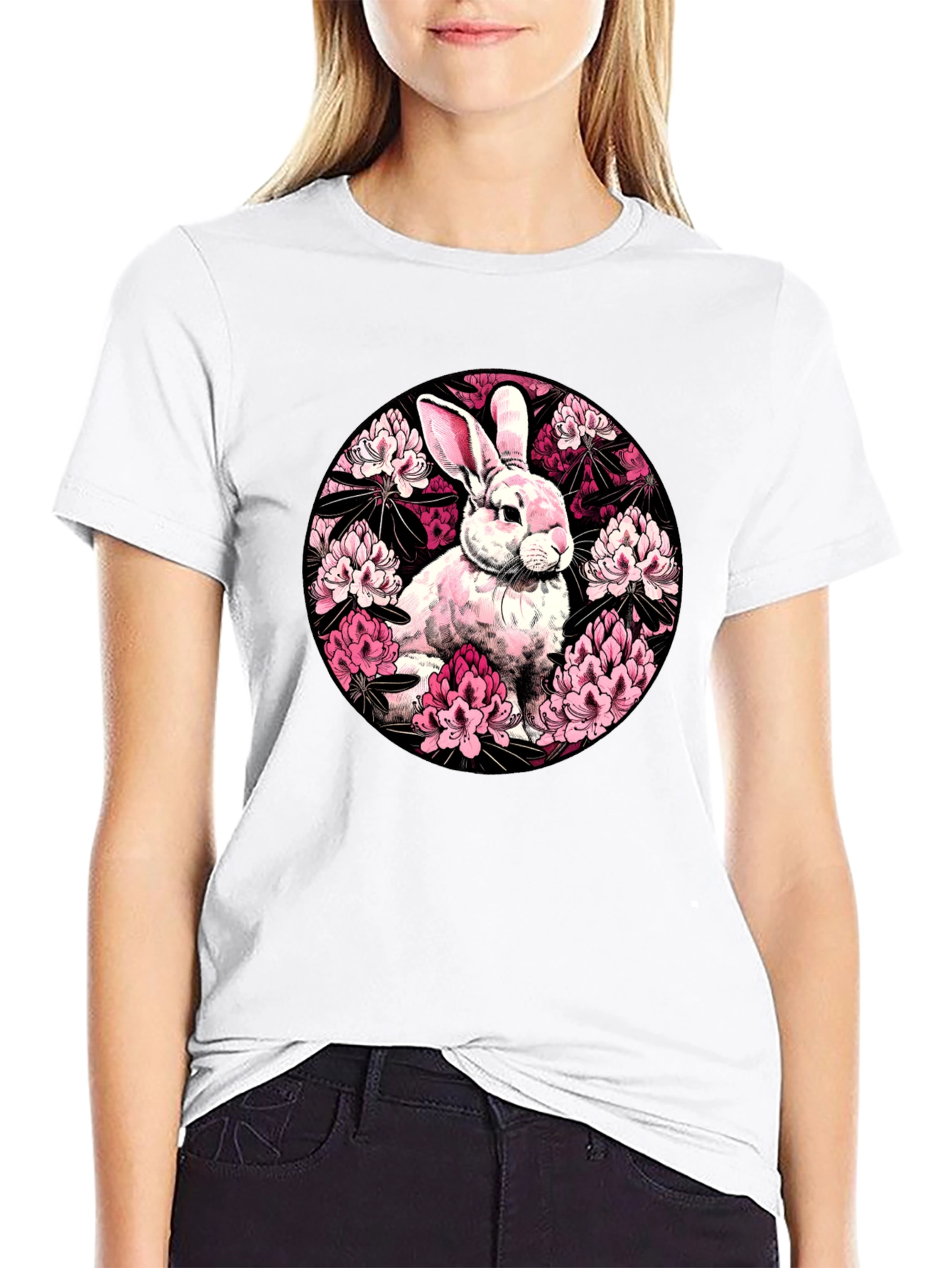 Rabbit Floral Print Black T-Shirt