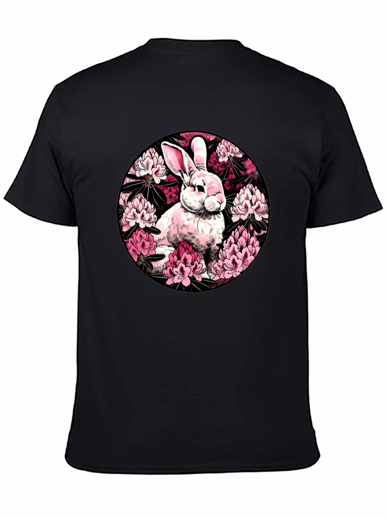 Rabbit Floral Print Black T-Shirt