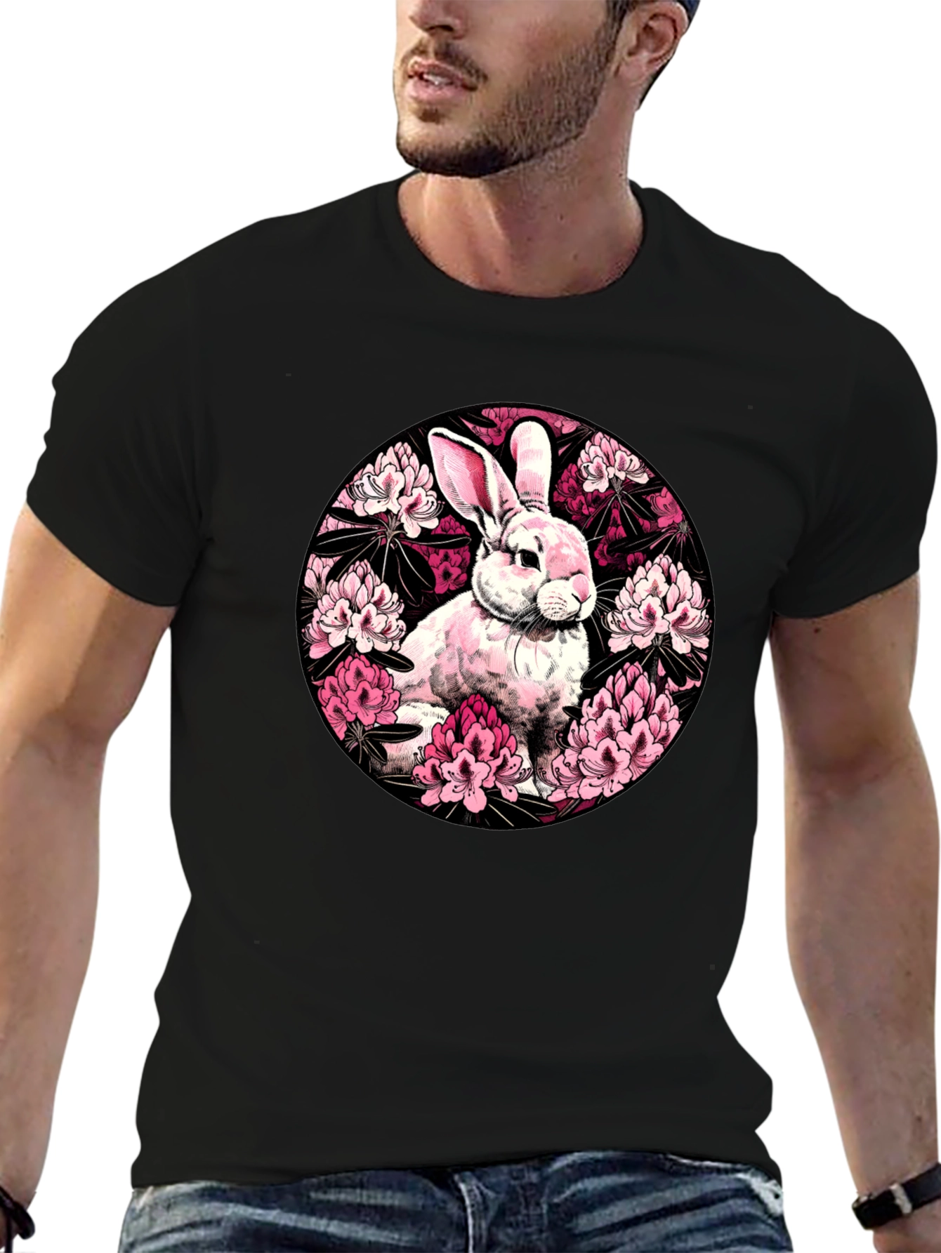 Rabbit Floral Print Black T-Shirt