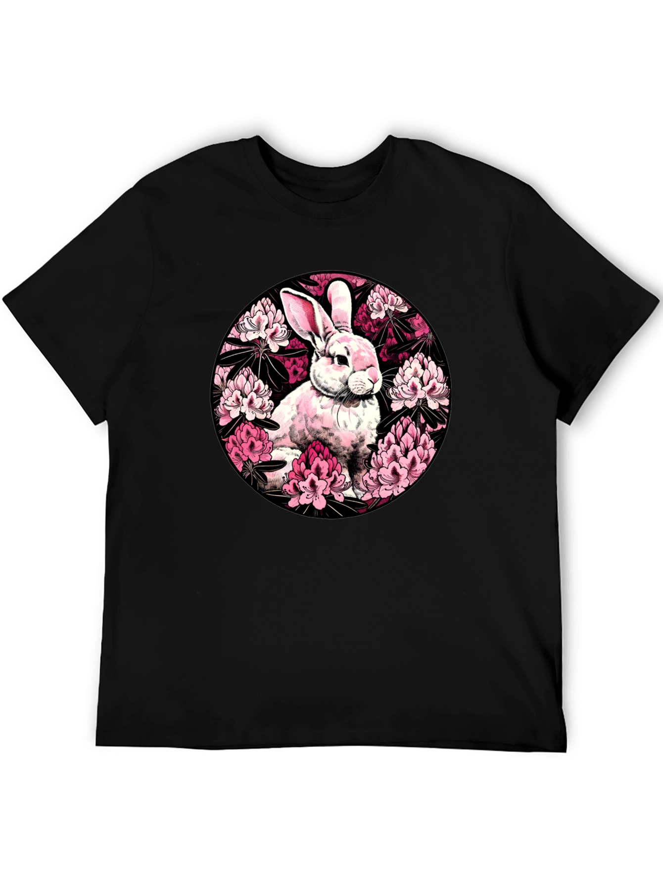 Rabbit Floral Print Black T-Shirt