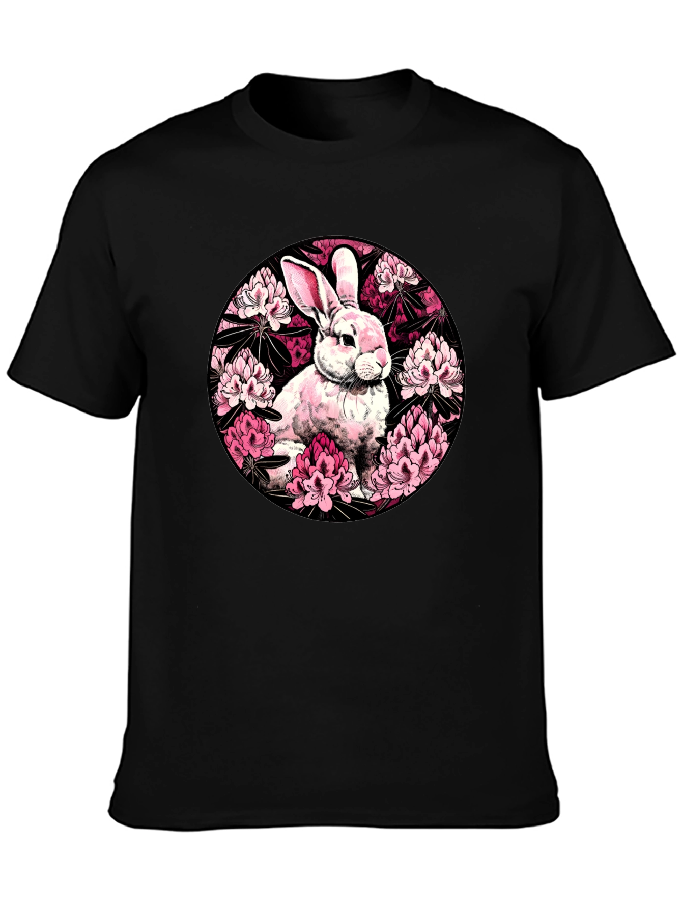 Rabbit Floral Print Black T-Shirt