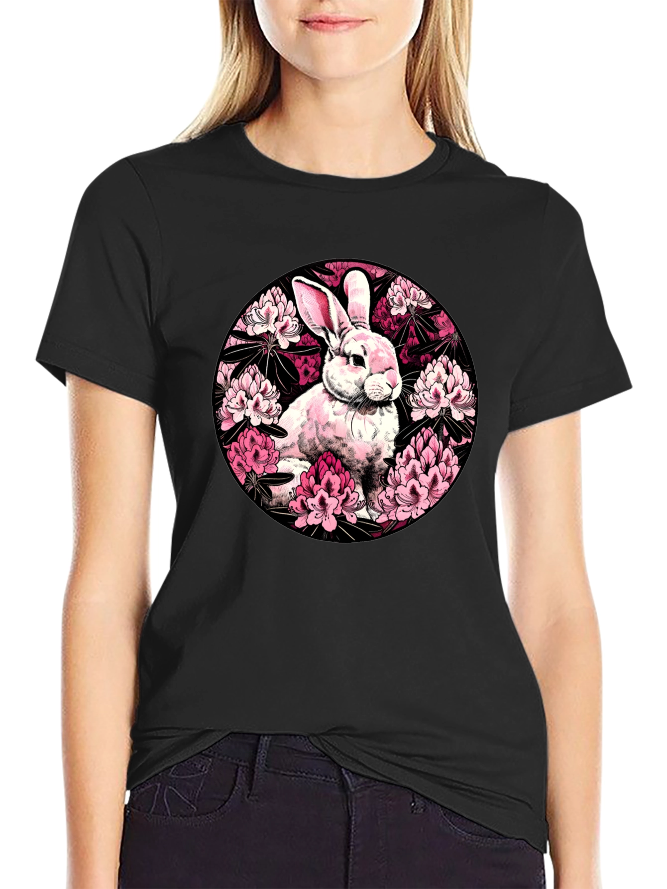 Rabbit Floral Print Black T-Shirt