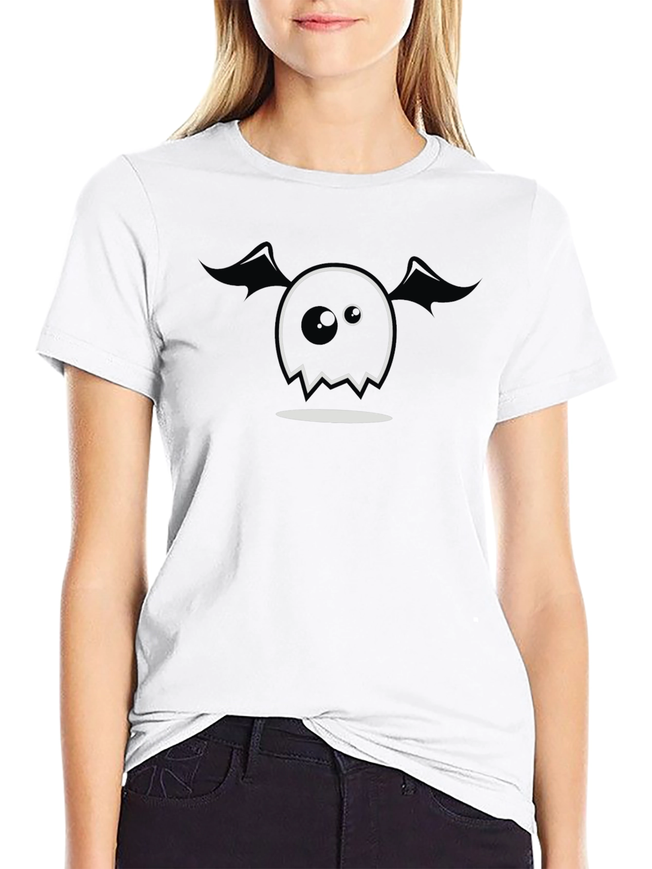 Spooky Cute Ghost Graphic Tee - Black Cotton Blend