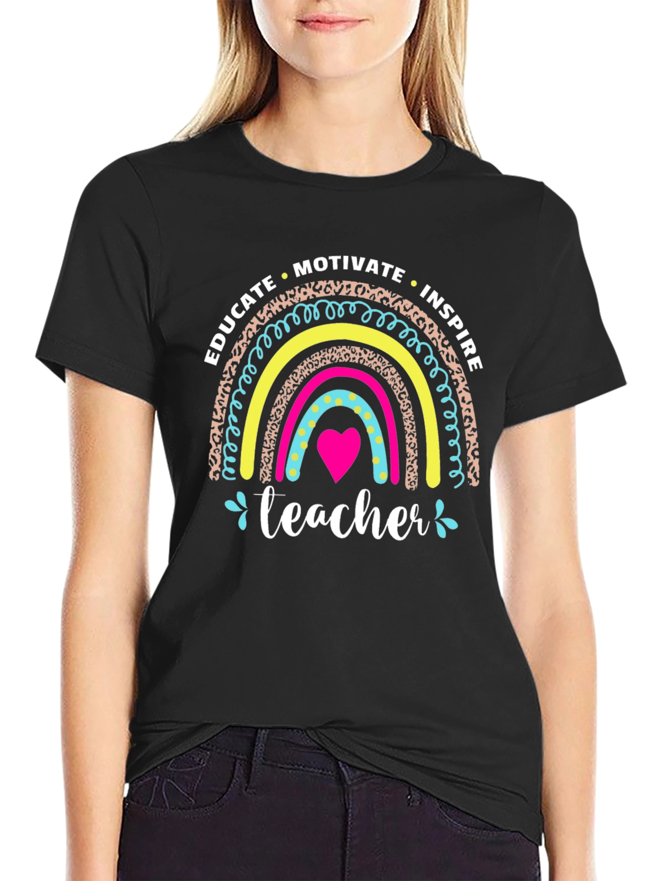 Educate Inspire Teacher Rainbow Graphic T-Shirt