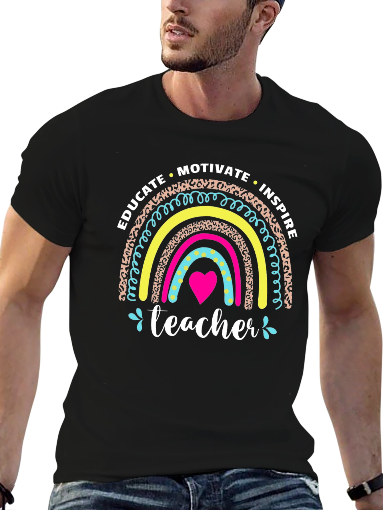 Educate Inspire Teacher Rainbow Graphic T-Shirt